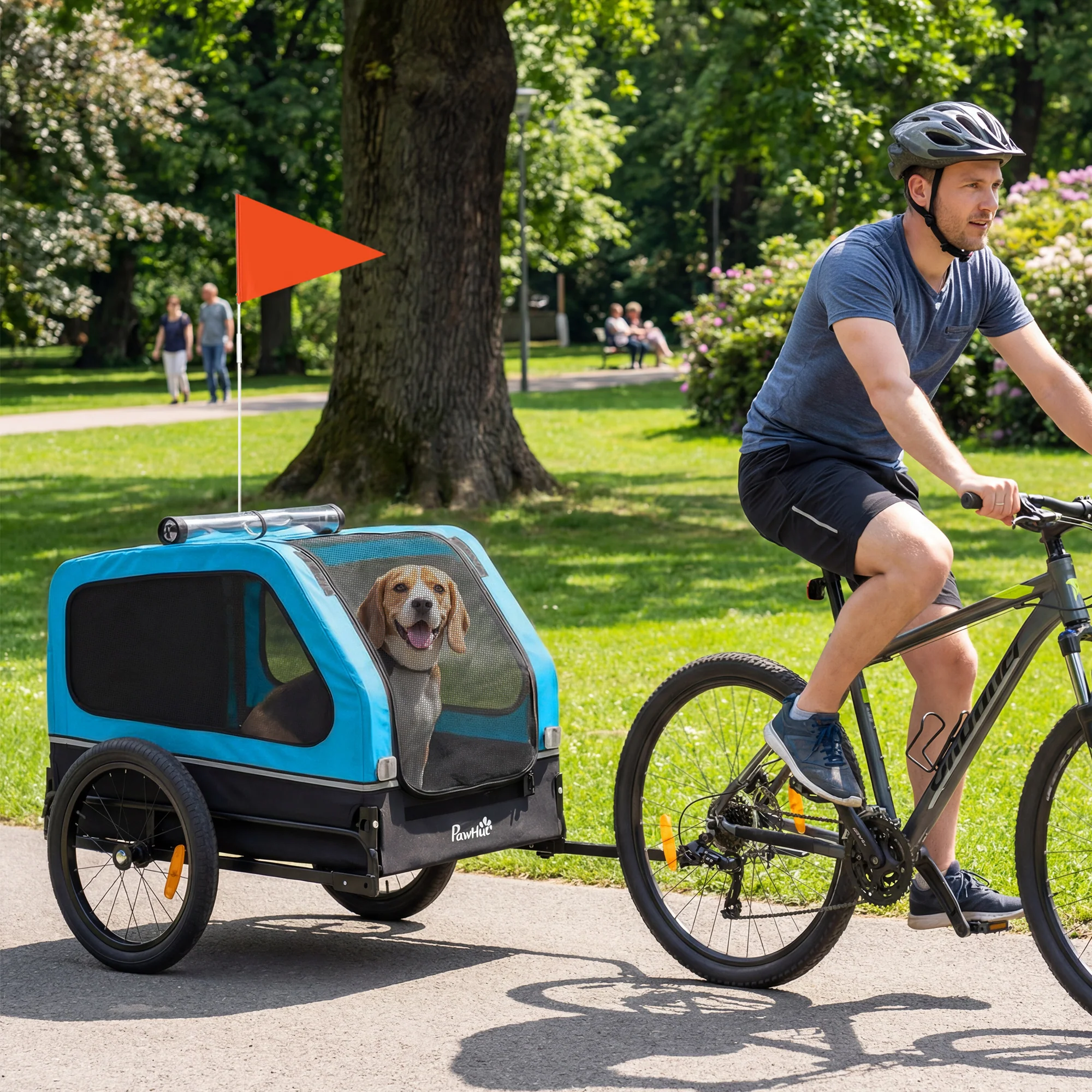 PawHut Dog Bike Trailer w/ Flip-Down Ramp Tailgate, Reflectors, Blue - Image 2