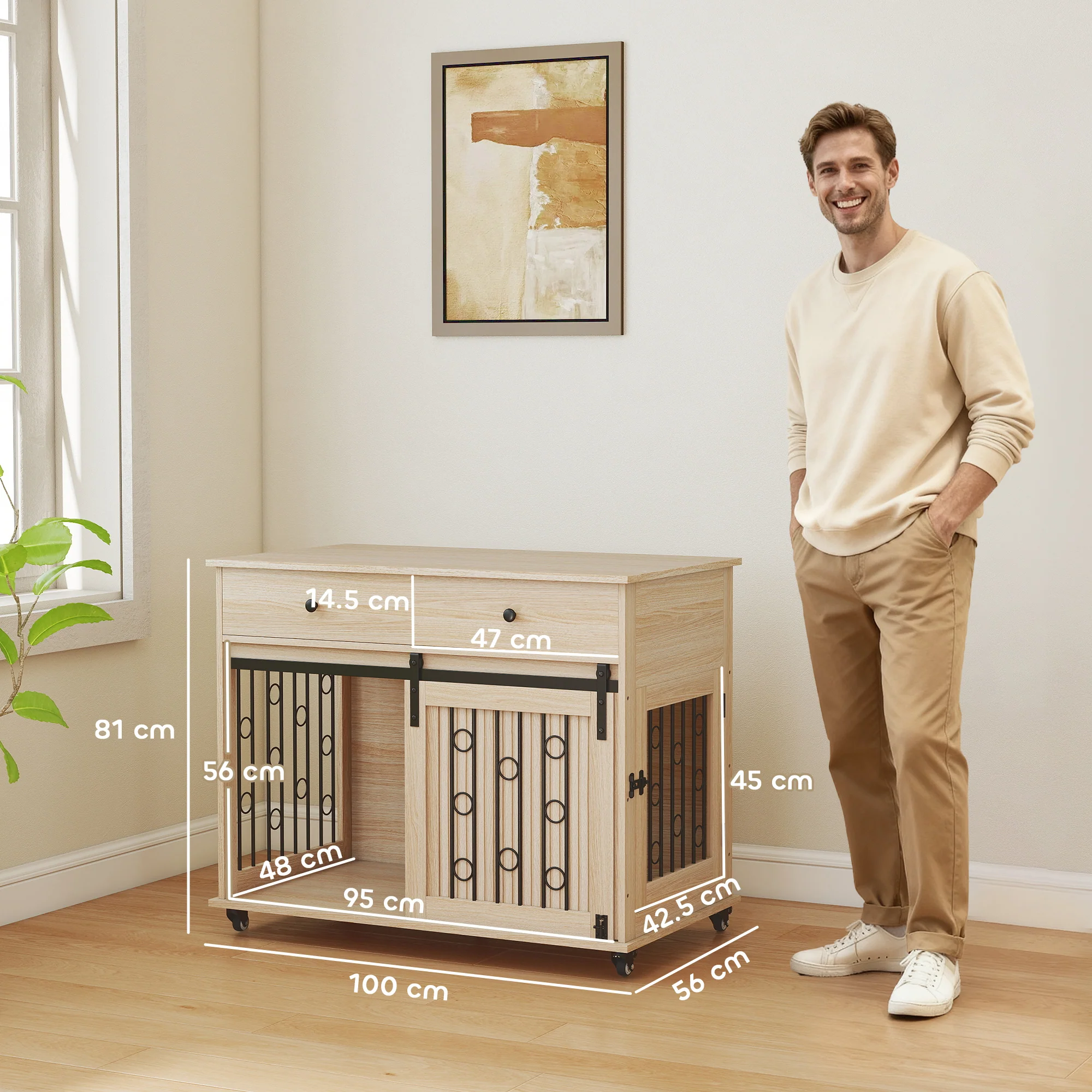 PawHut Dog Crate Furniture, Dog Cage W/ Wheels, 2 Drawers, Sliding Door, Oak - Image 5
