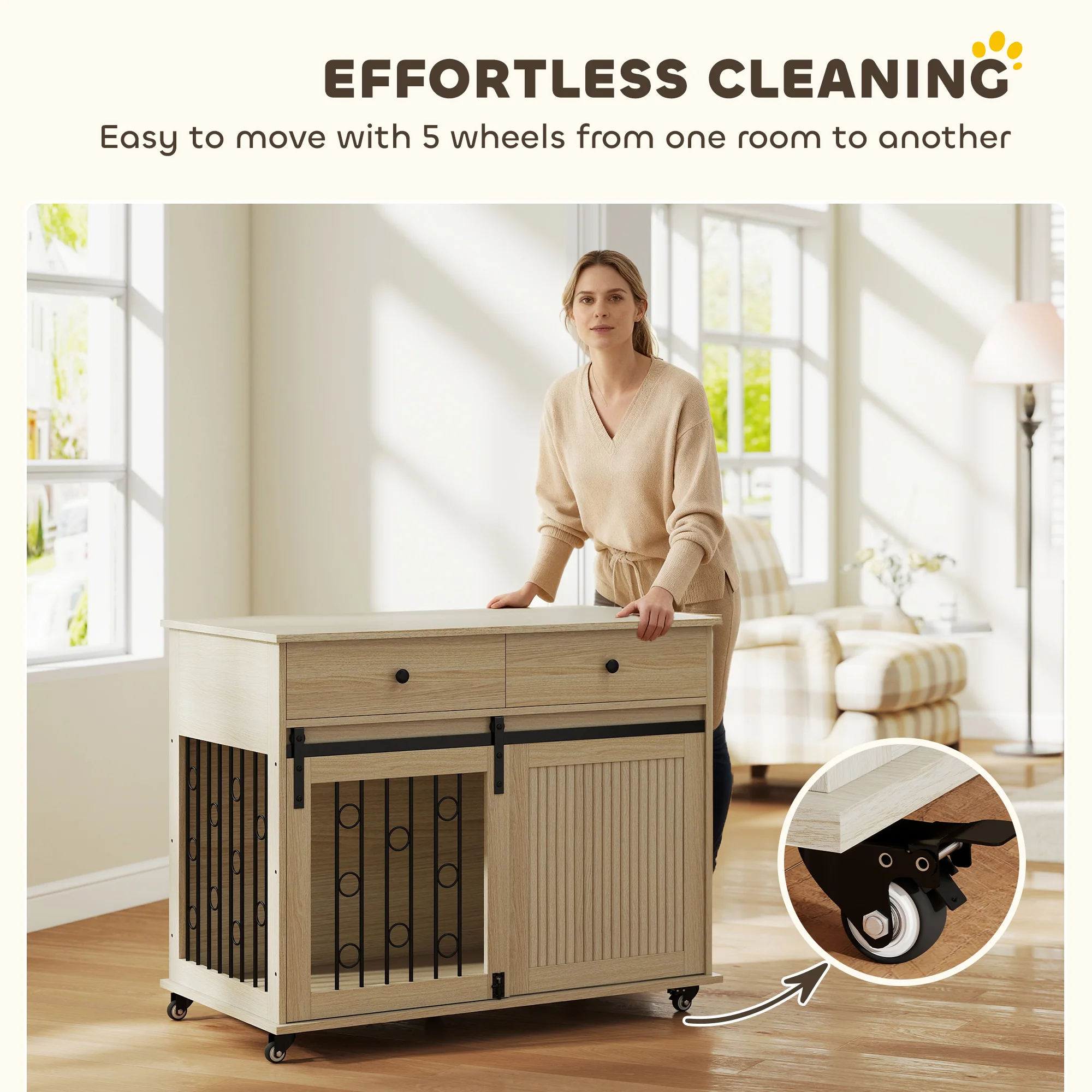 PawHut Dog Crate Furniture, Dog Cage W/ Wheels, 2 Drawers, Sliding Door, Oak - Image 6