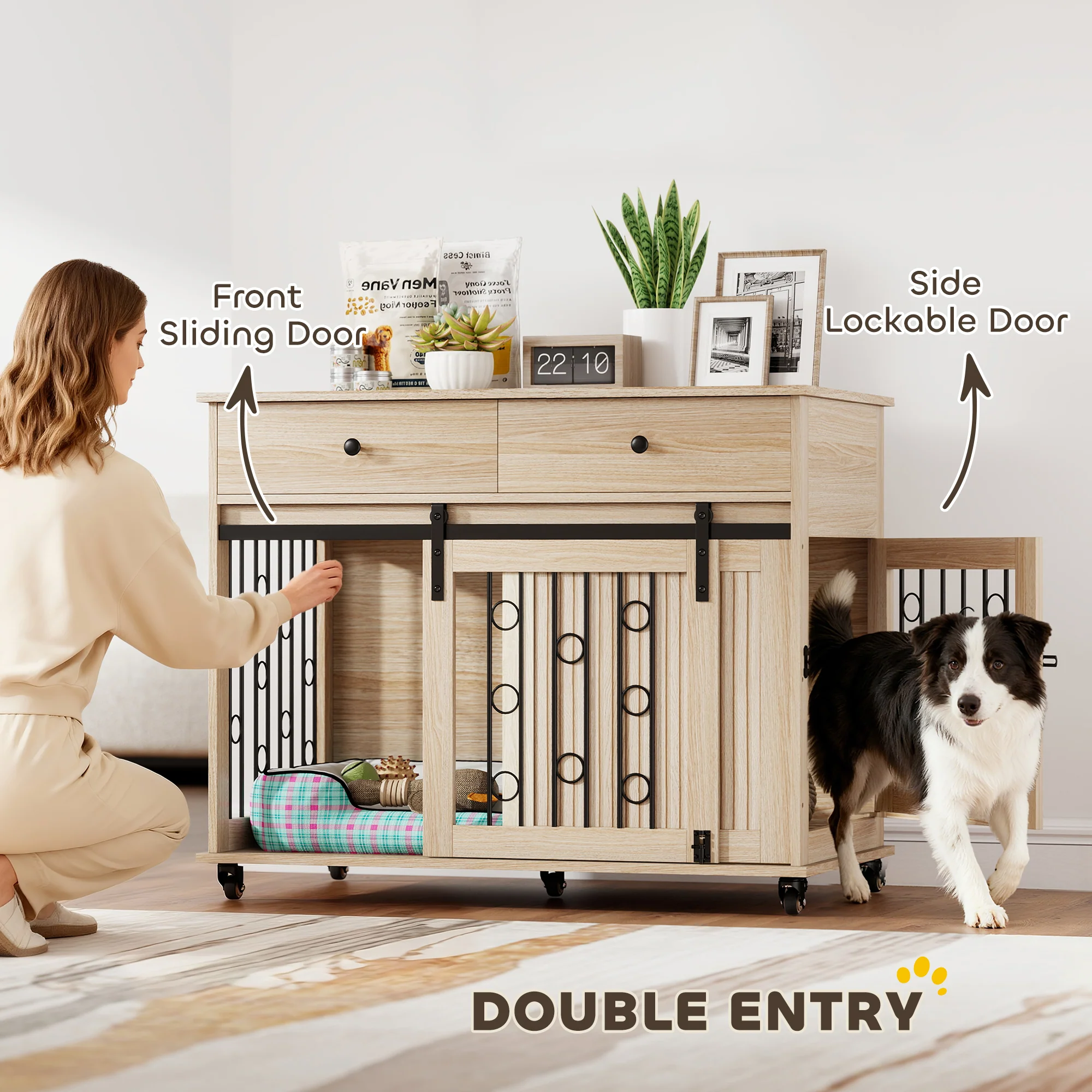 PawHut Dog Crate Furniture, Dog Cage W/ Wheels, 2 Drawers, Sliding Door, Oak - Image 7