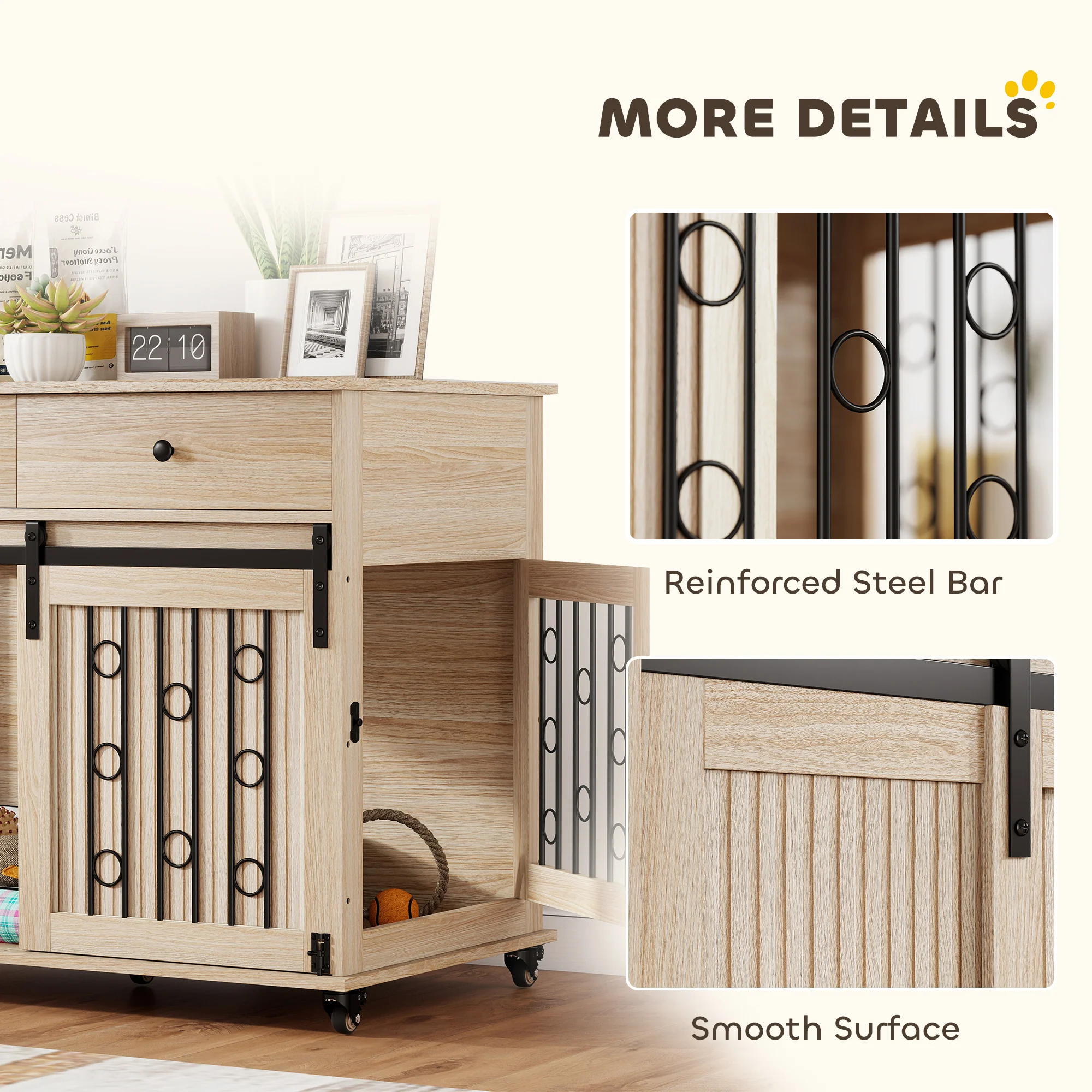 PawHut Dog Crate Furniture, Dog Cage W/ Wheels, 2 Drawers, Sliding Door, Oak - Image 8