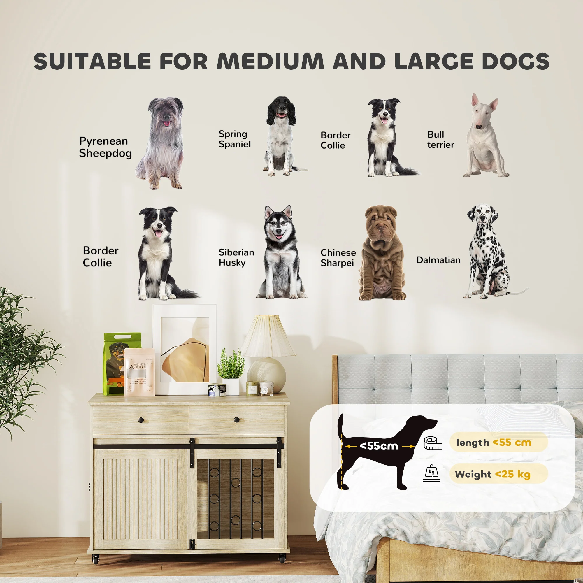 PawHut Dog Crate Furniture, Dog Cage W/ Wheels, 2 Drawers, Sliding Door, Oak - Image 9