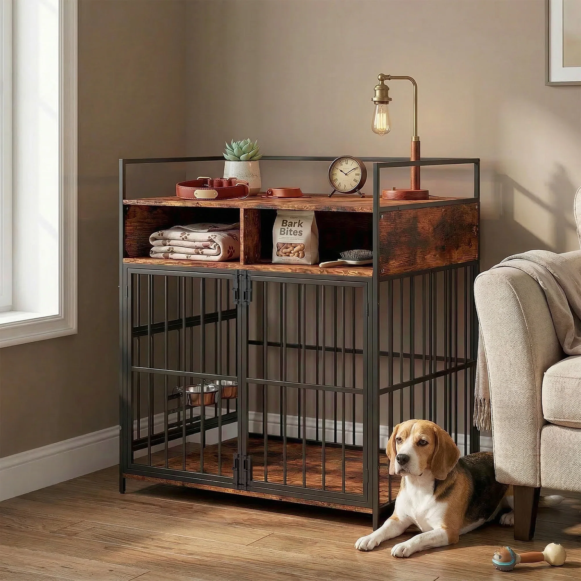 PawHut Dog Crate Furniture, Dog Cage With Rotatable Feeding Station - Image 2