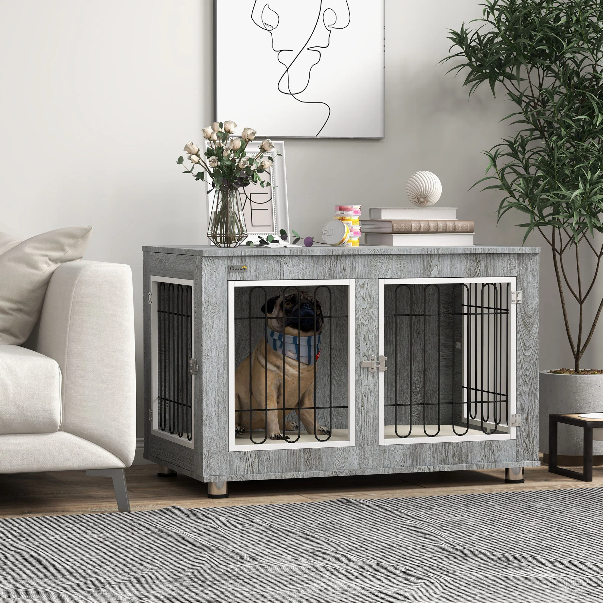 PawHut Dog Crate Furniture, Dog Crate End Table w/ Soft Cushion, Double Door - Image 2