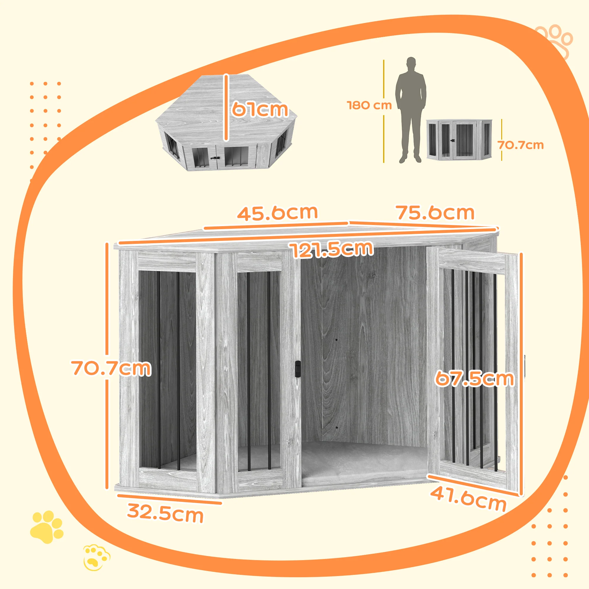 PawHut Dog Crate Furniture for Large Dogs w/ Cushion, Door - Grey - Image 5