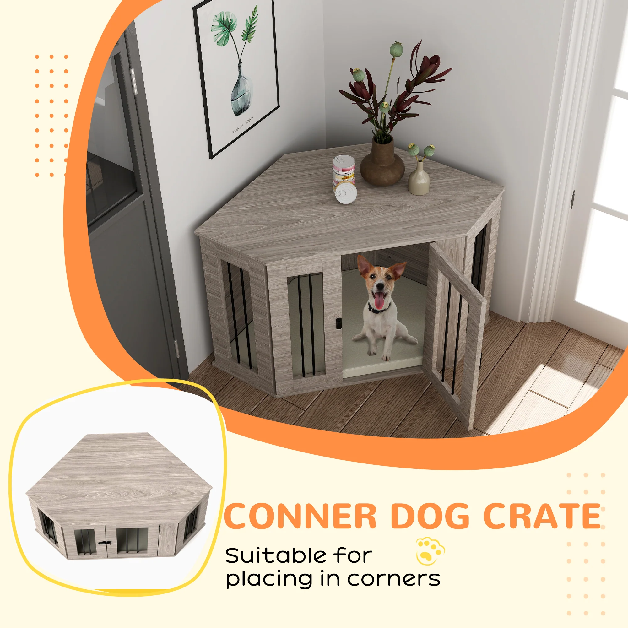 PawHut Dog Crate Furniture w/ Cushion, Door - Walnut Brown - Image 13