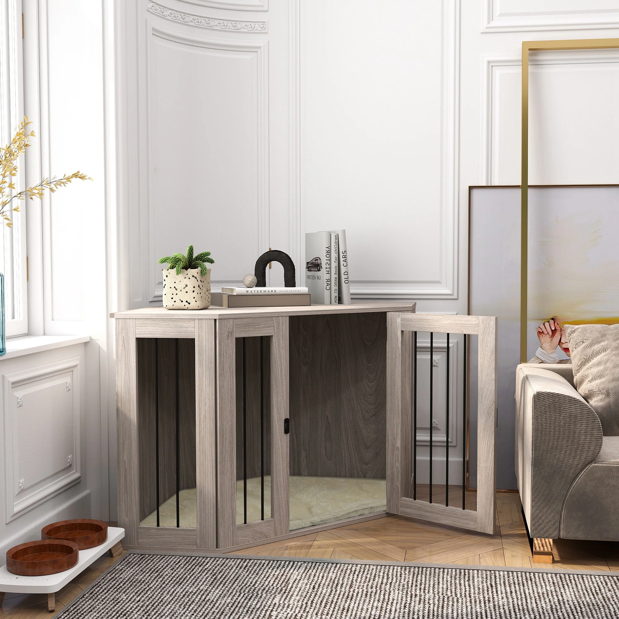 PawHut Dog Crate Furniture w/ Cushion, Door - Walnut Brown - Image 8