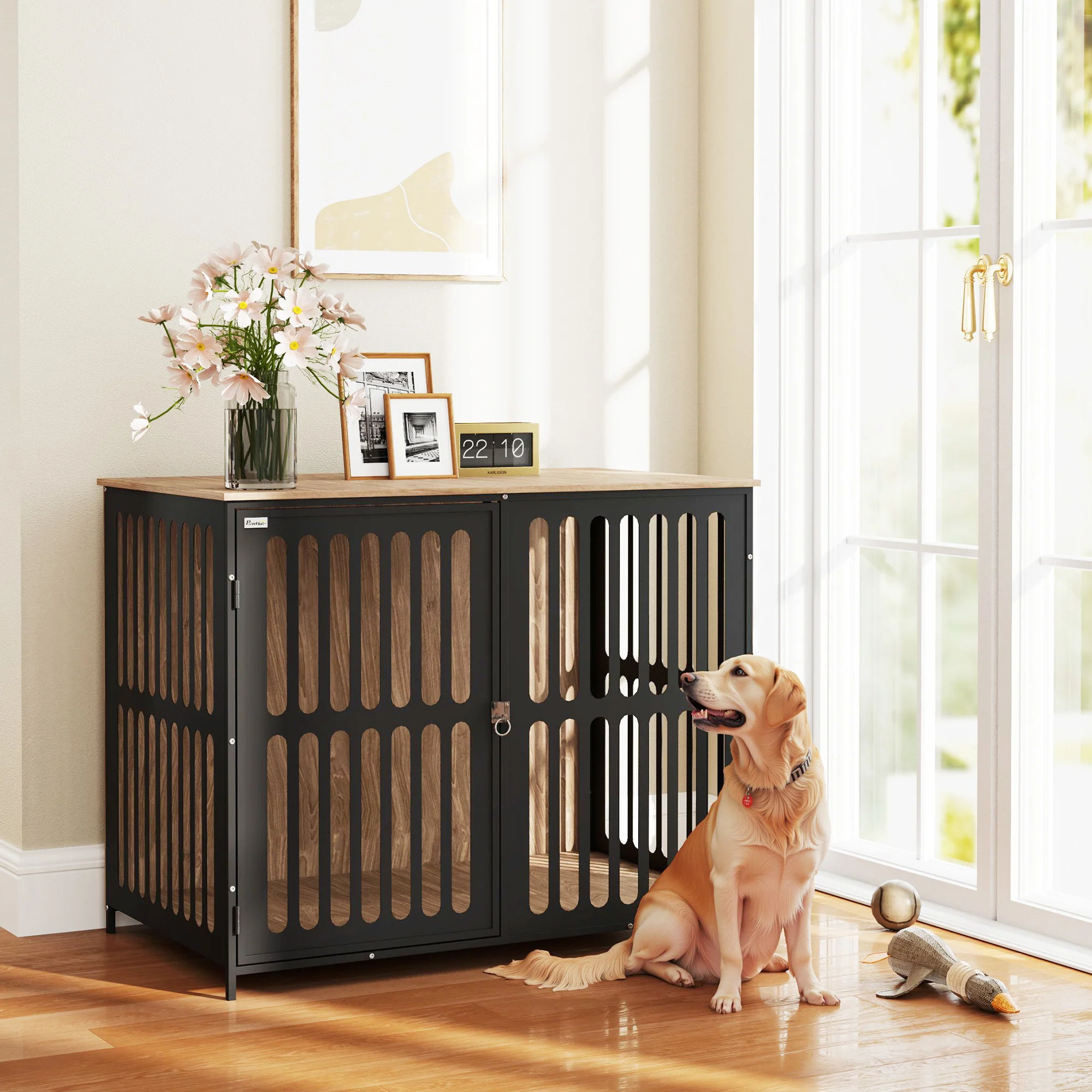 PawHut Dog Crate Furniture With Anti-Chew Resistant Mesh For Dogs - Walnut Brown - Image 11