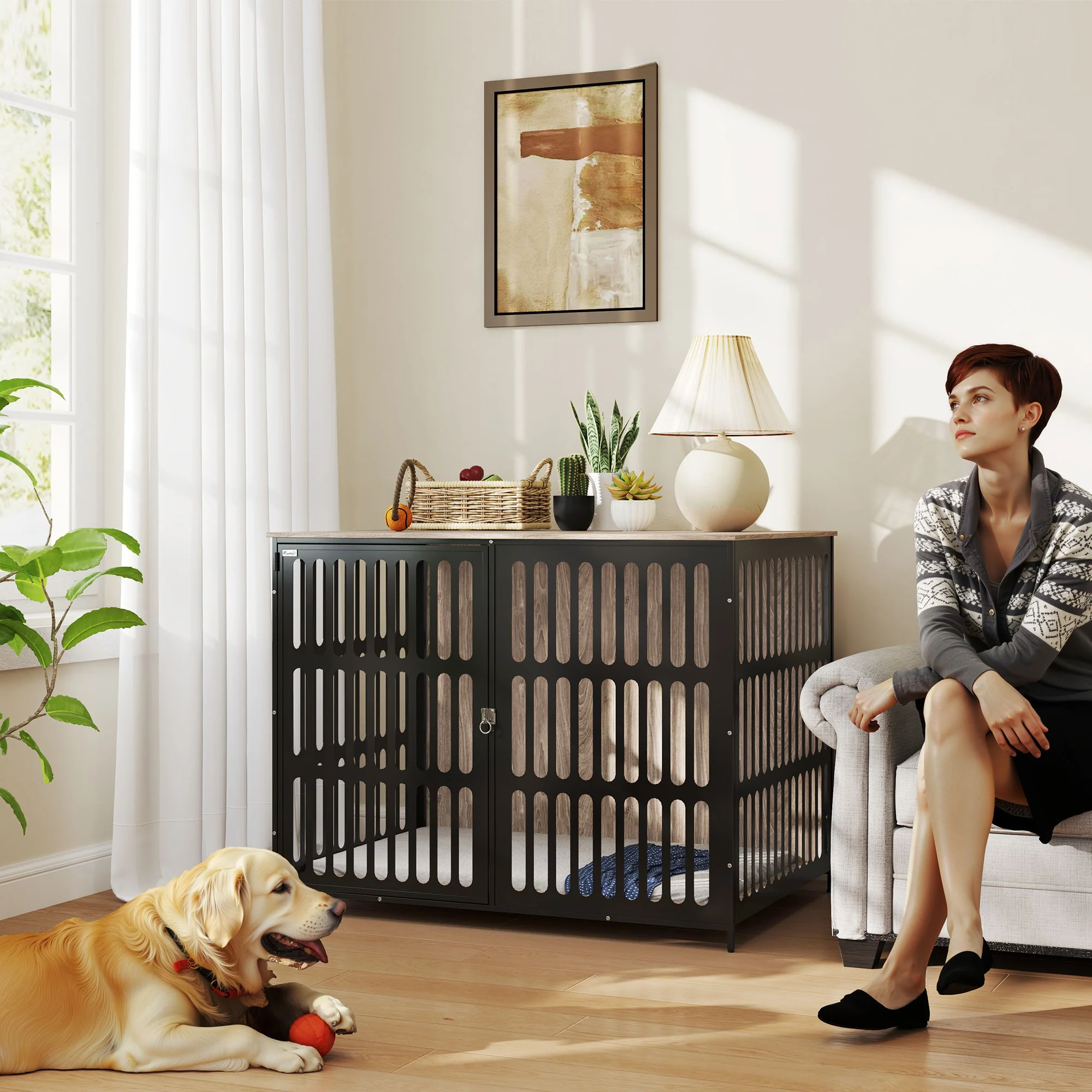 PawHut Dog Crate Furniture With Anti-Chew Resistant Mesh For Dogs - Walnut Brown - Image 20