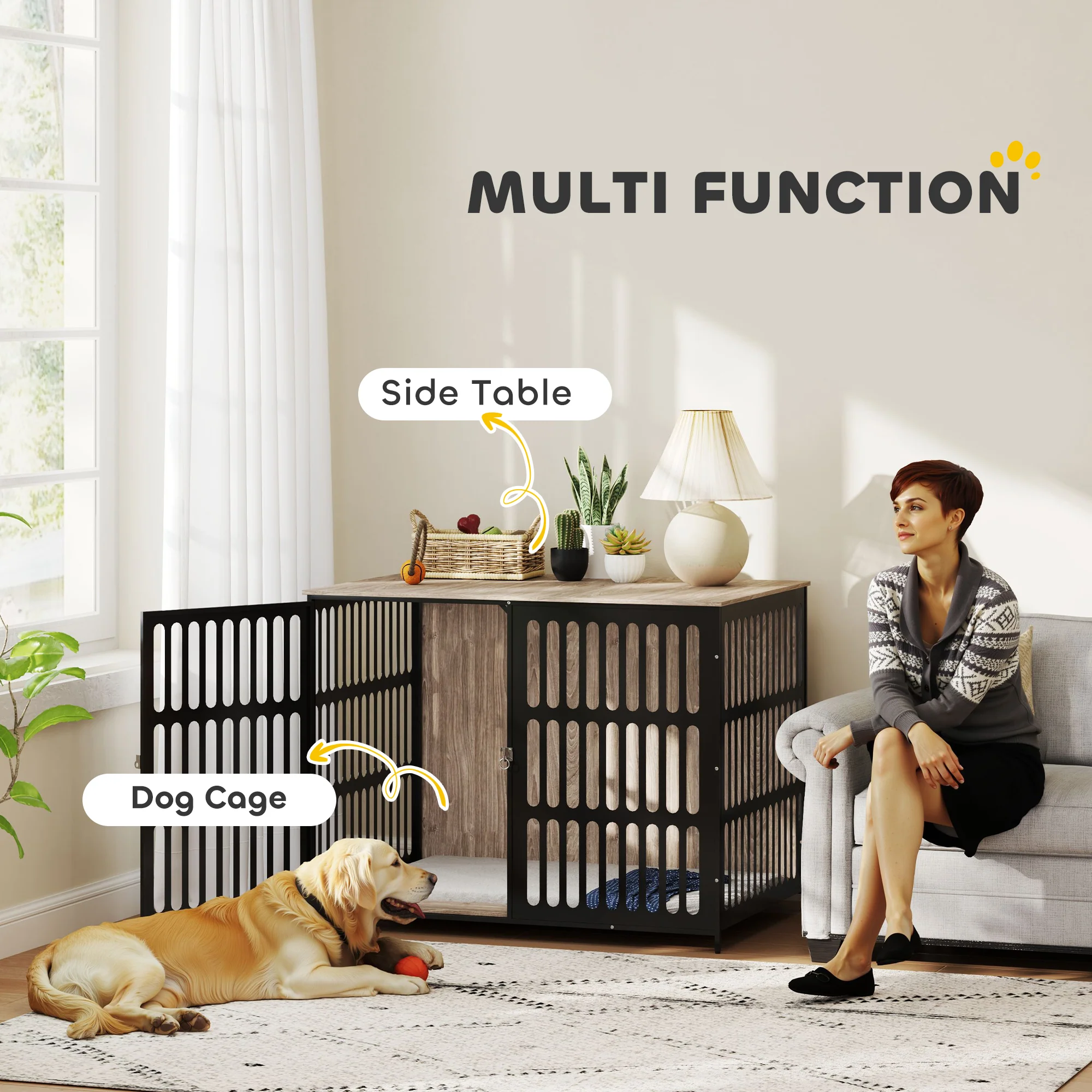 PawHut Dog Crate Furniture With Anti-Chew Resistant Mesh For Dogs - Walnut Brown - Image 21