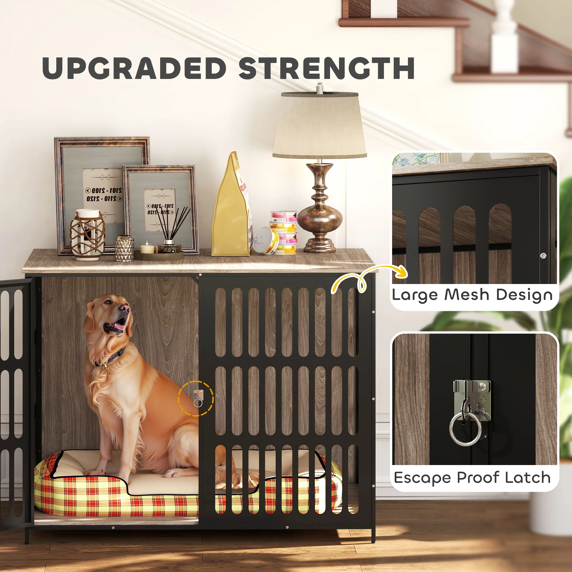 PawHut Dog Crate Furniture With Anti-Chew Resistant Mesh For Dogs - Walnut Brown - Image 22