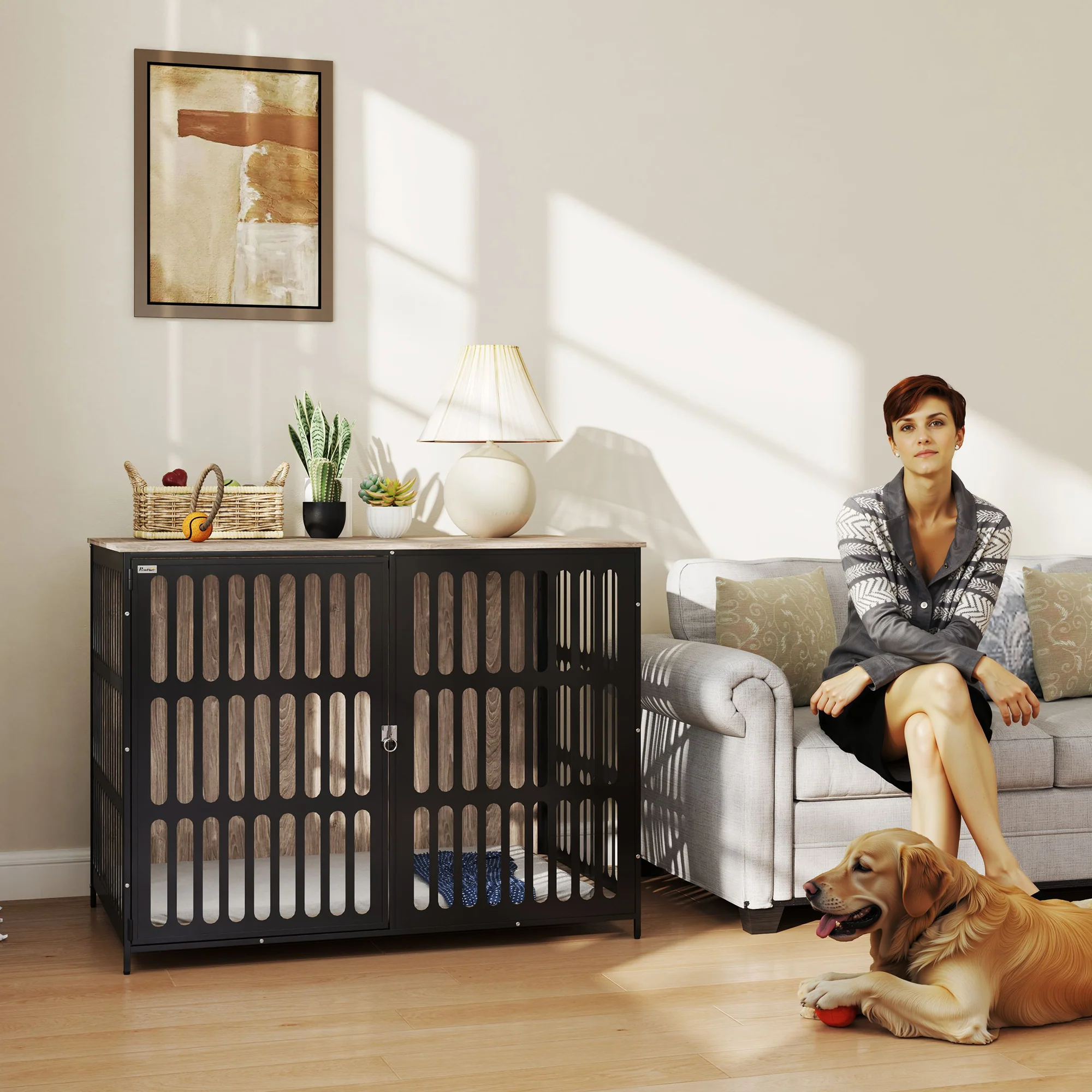PawHut Dog Crate Furniture With Anti-Chew Resistant Mesh For Dogs - Walnut Brown - Image 27