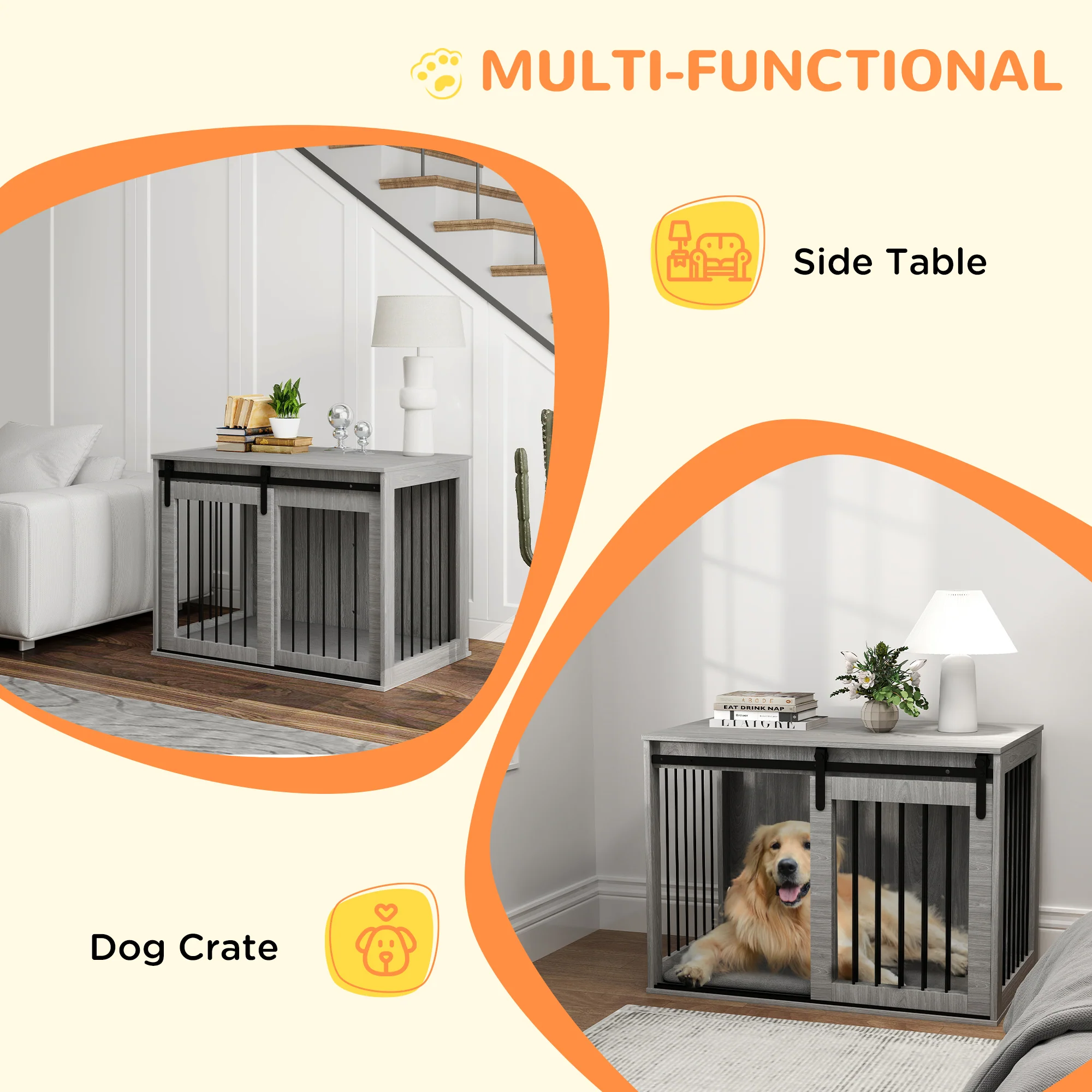 PawHut Dog Crate Furniture with Removable Cushion for Large Dogs - Grey - Image 4