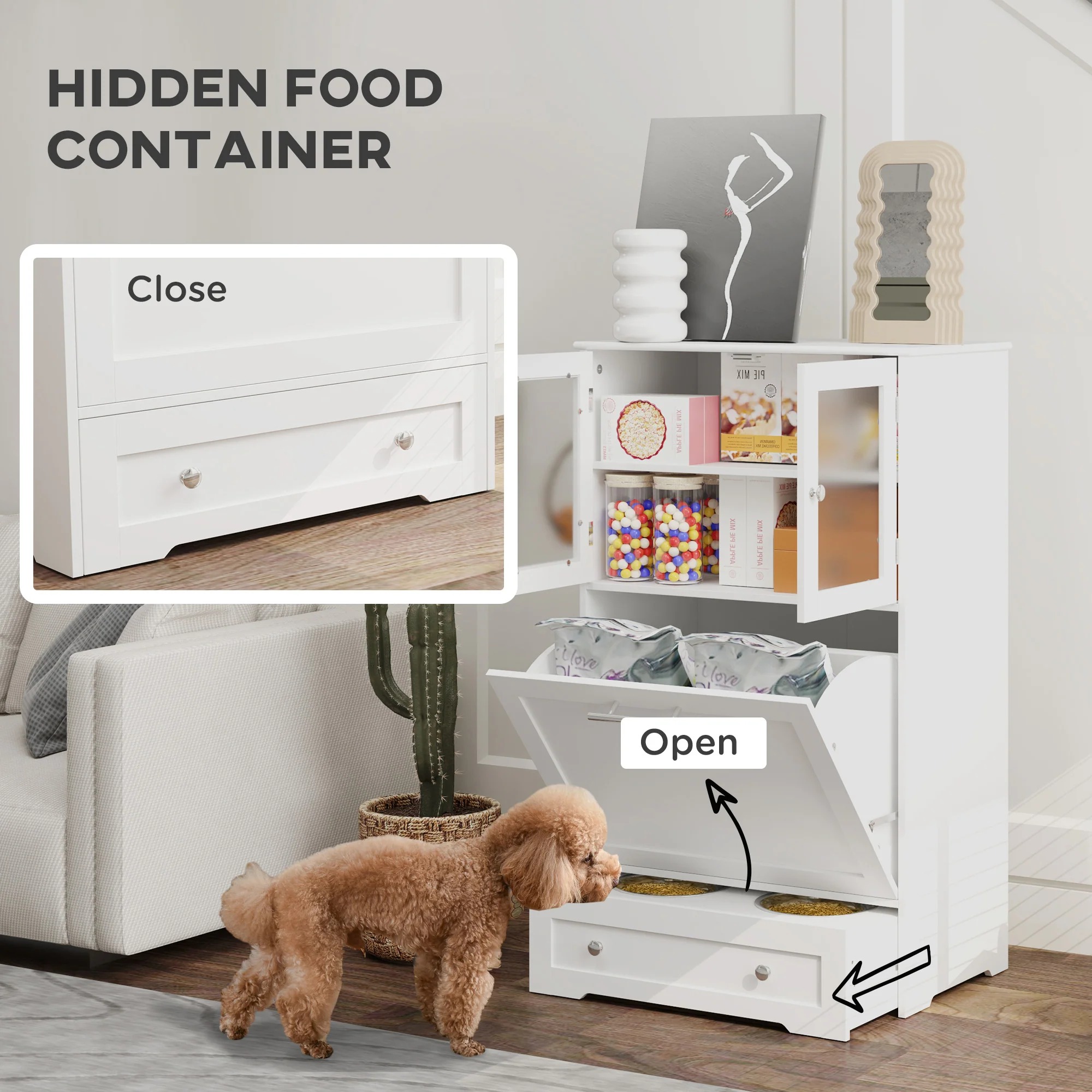 PawHut Dog Feeding Station With 2 Storage Cabinets, 2 Elevated Bowls, White - Image 3