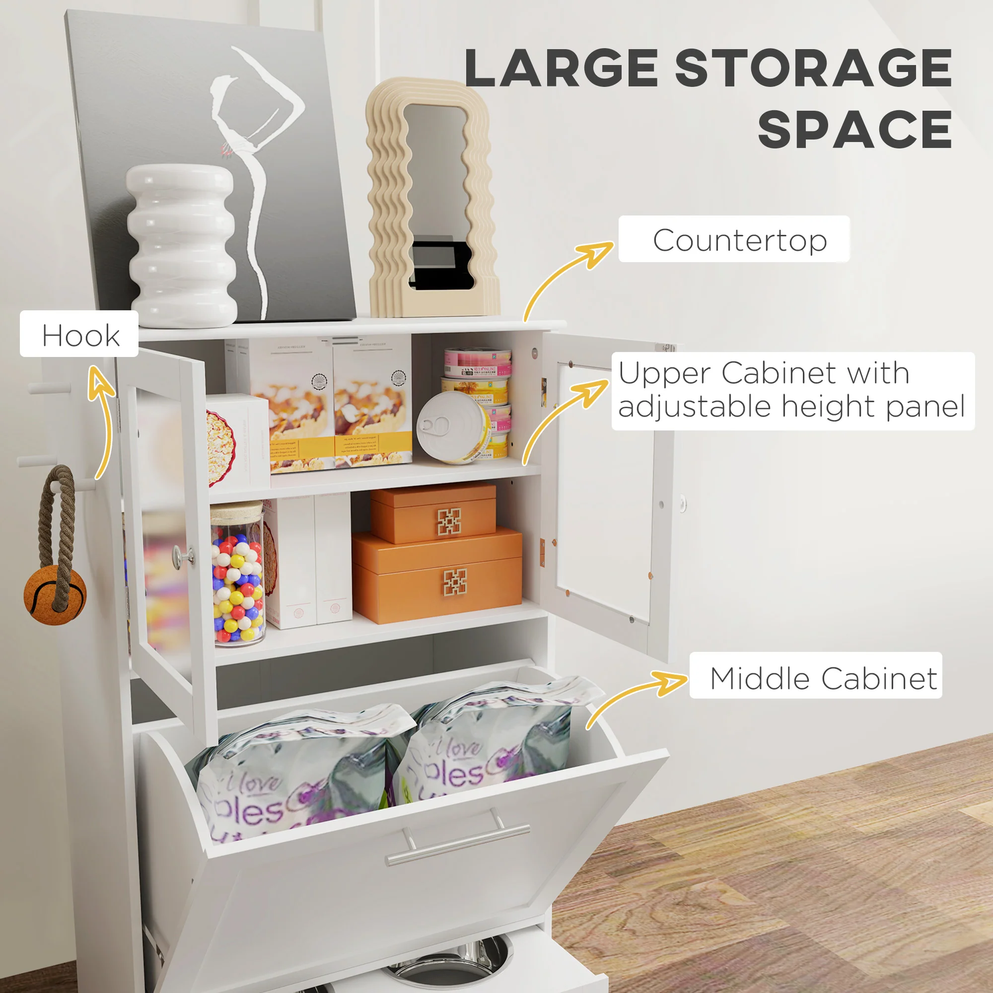 PawHut Dog Feeding Station With 2 Storage Cabinets, 2 Elevated Bowls, White - Image 4