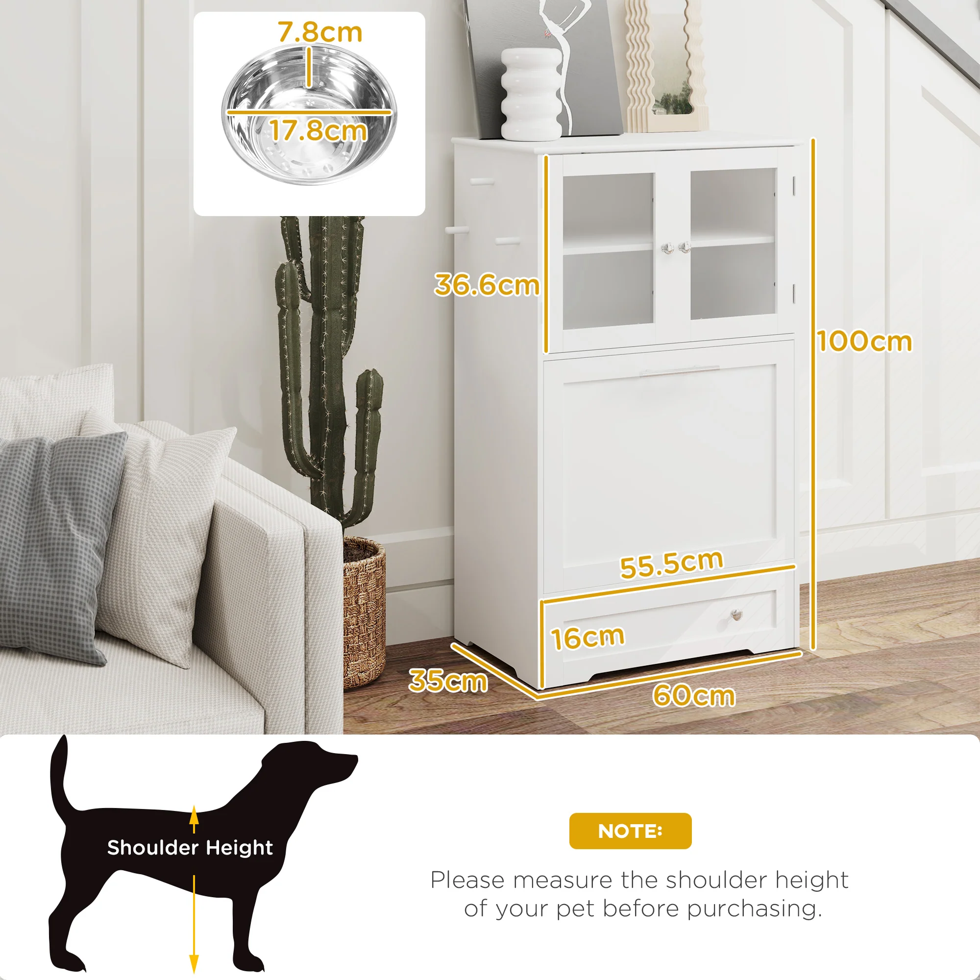 PawHut Dog Feeding Station With 2 Storage Cabinets, 2 Elevated Bowls, White - Image 5