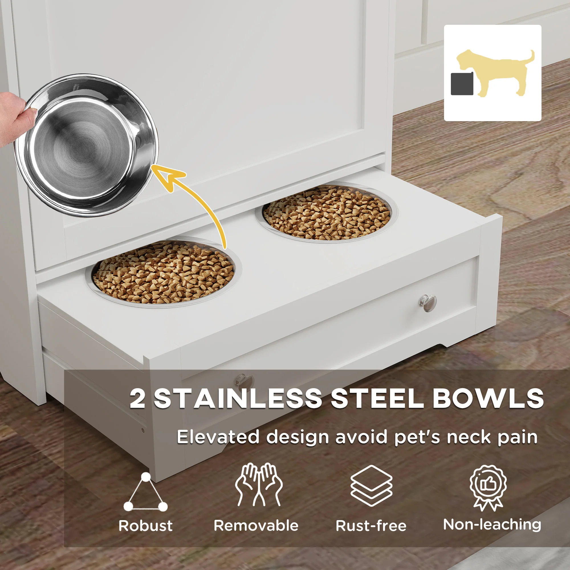 PawHut Dog Feeding Station With 2 Storage Cabinets, 2 Elevated Bowls, White - Image 6