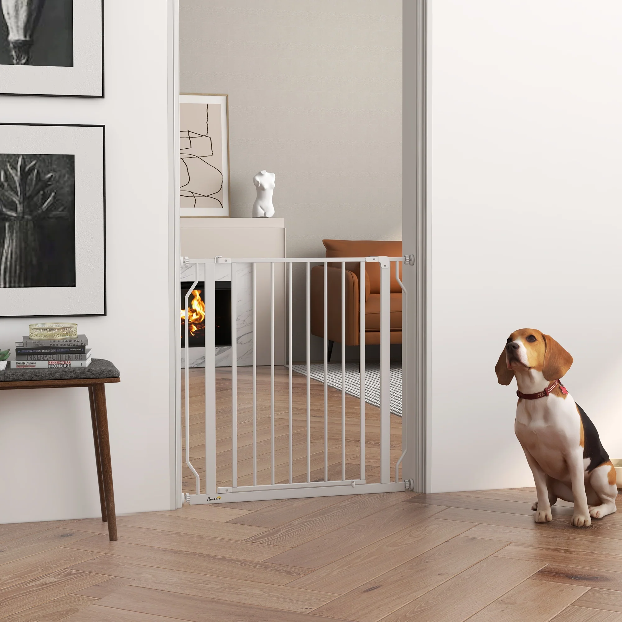 PawHut Dog Gate Wide Stair Gate w/ Door Pressure Fit, 75-85W cm, White - Image 2