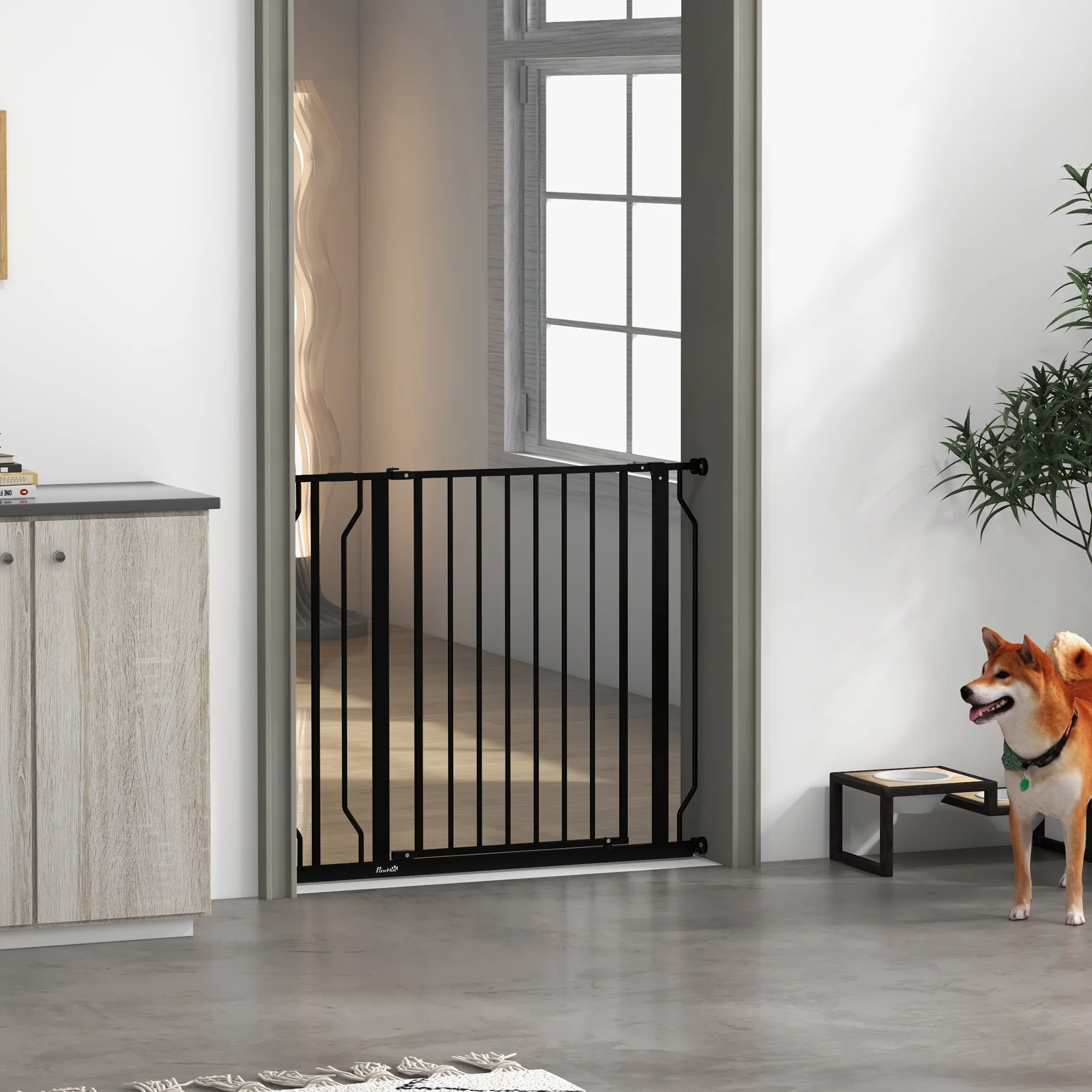 PawHut Dog Gate Wide Stair Gate w/ Door Pressure Fit, 75-95W cm, Black - Image 7