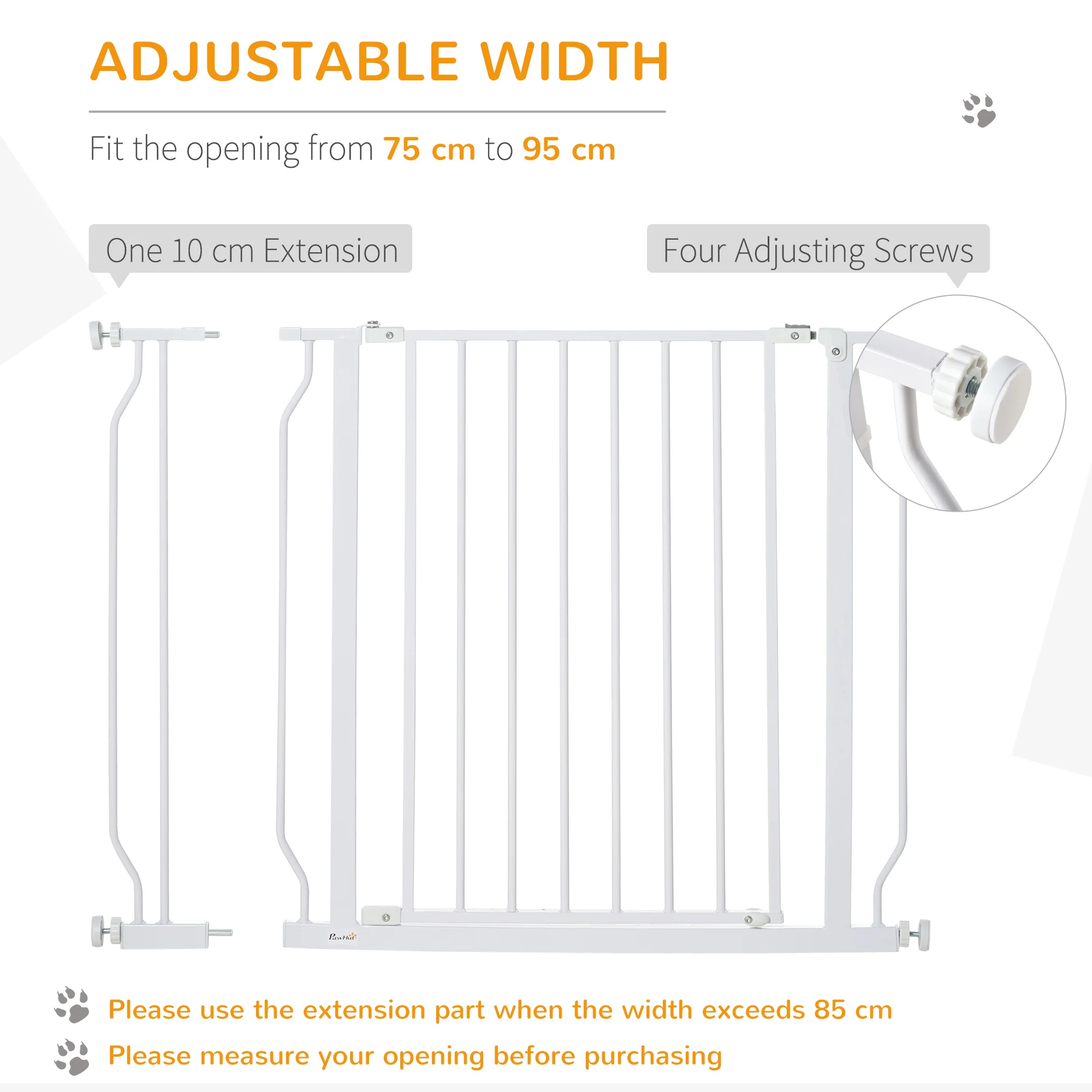 PawHut Dog Gate Wide Stair Gate W/ Door Pressure Fit, 75-95W Cm, White - Image 4
