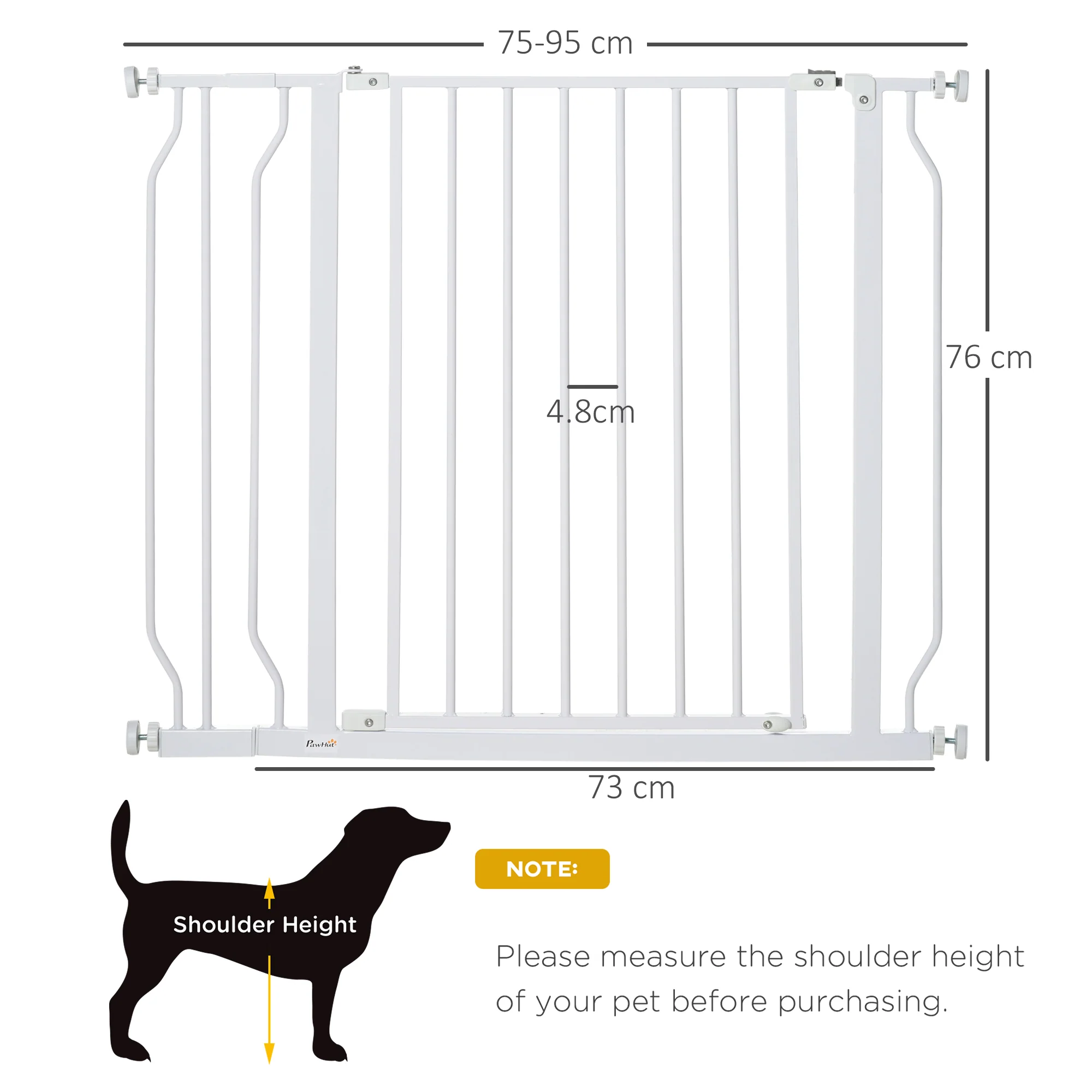 PawHut Dog Gate Wide Stair Gate W/ Door Pressure Fit, 75-95W Cm, White - Image 5