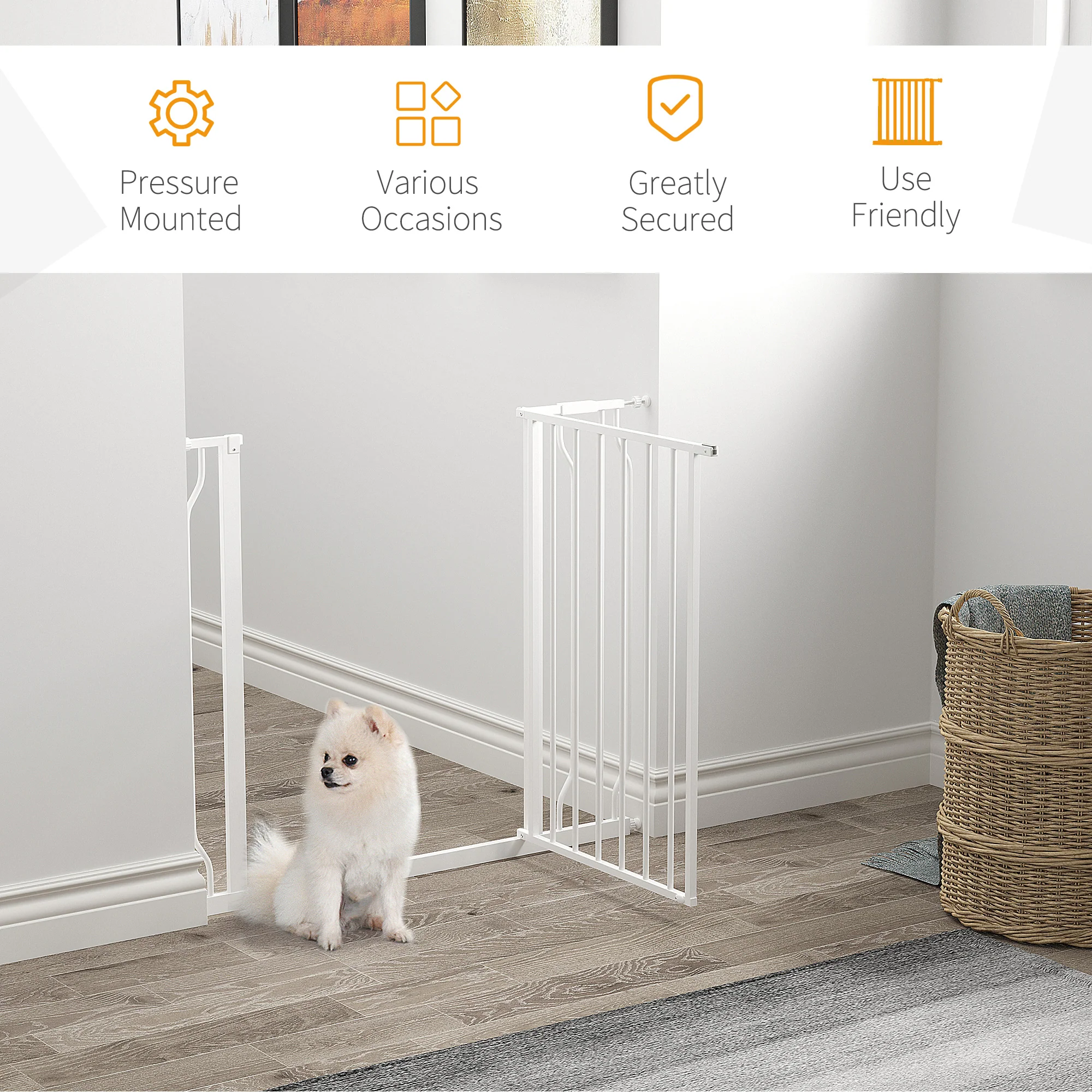 PawHut Dog Gate Wide Stair Gate W/ Door Pressure Fit, 75-95W Cm, White - Image 6