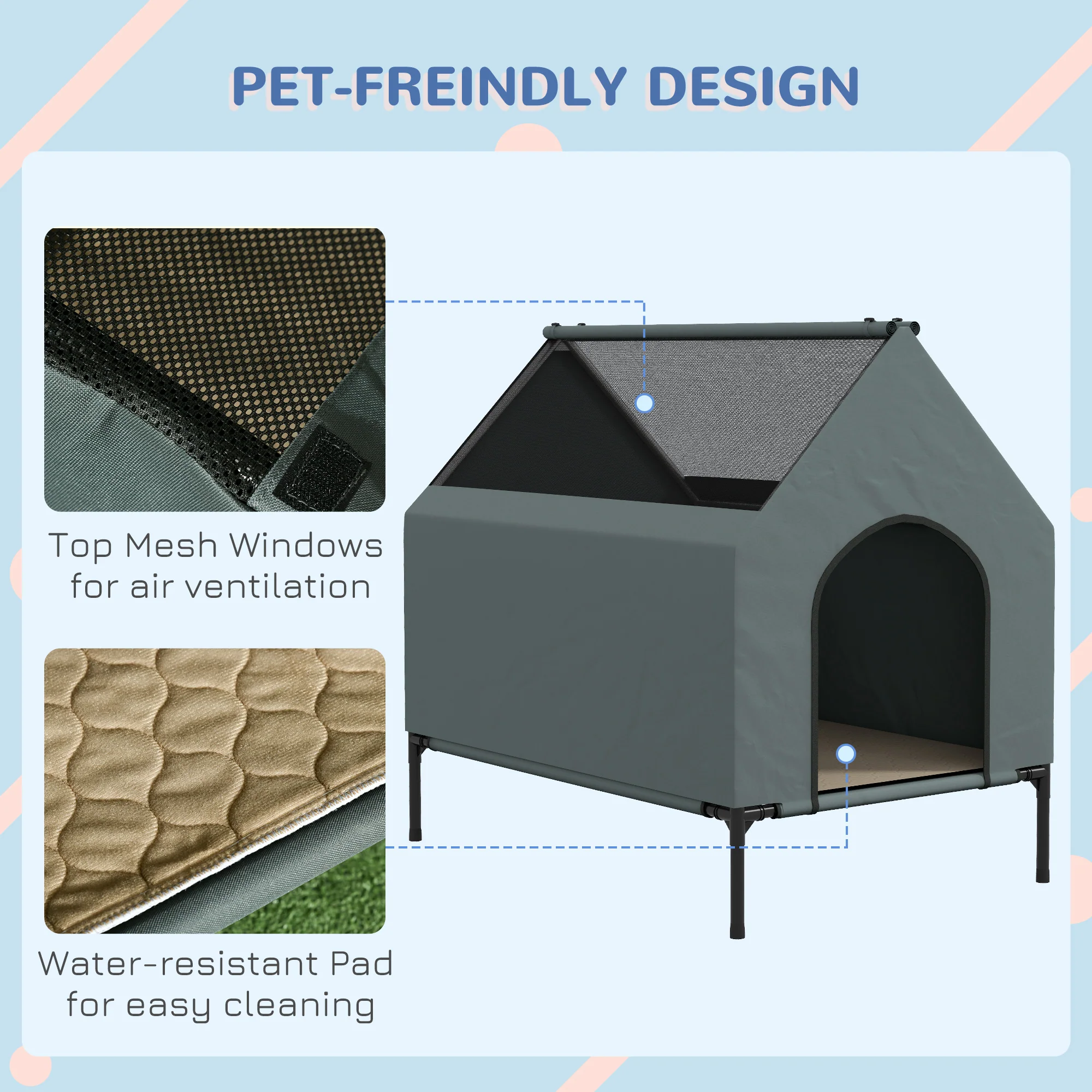 PawHut Dog House Outdoor Elevated Dog Bed with Removable Cover, Grey - Image 6