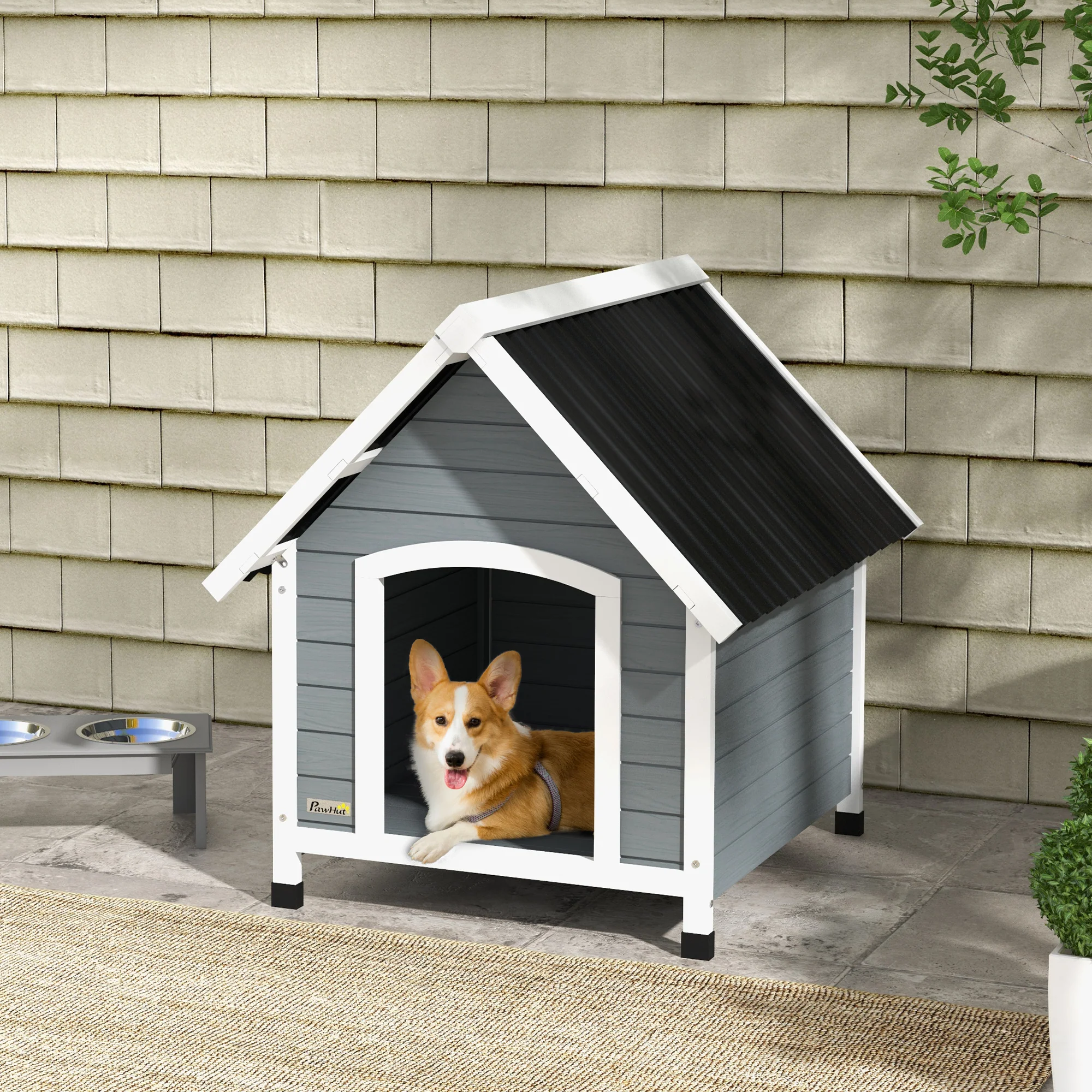 PawHut Dog Kennel Outdoor Dog House w/ Removable Floor, for Medium Dogs - Grey - Image 2