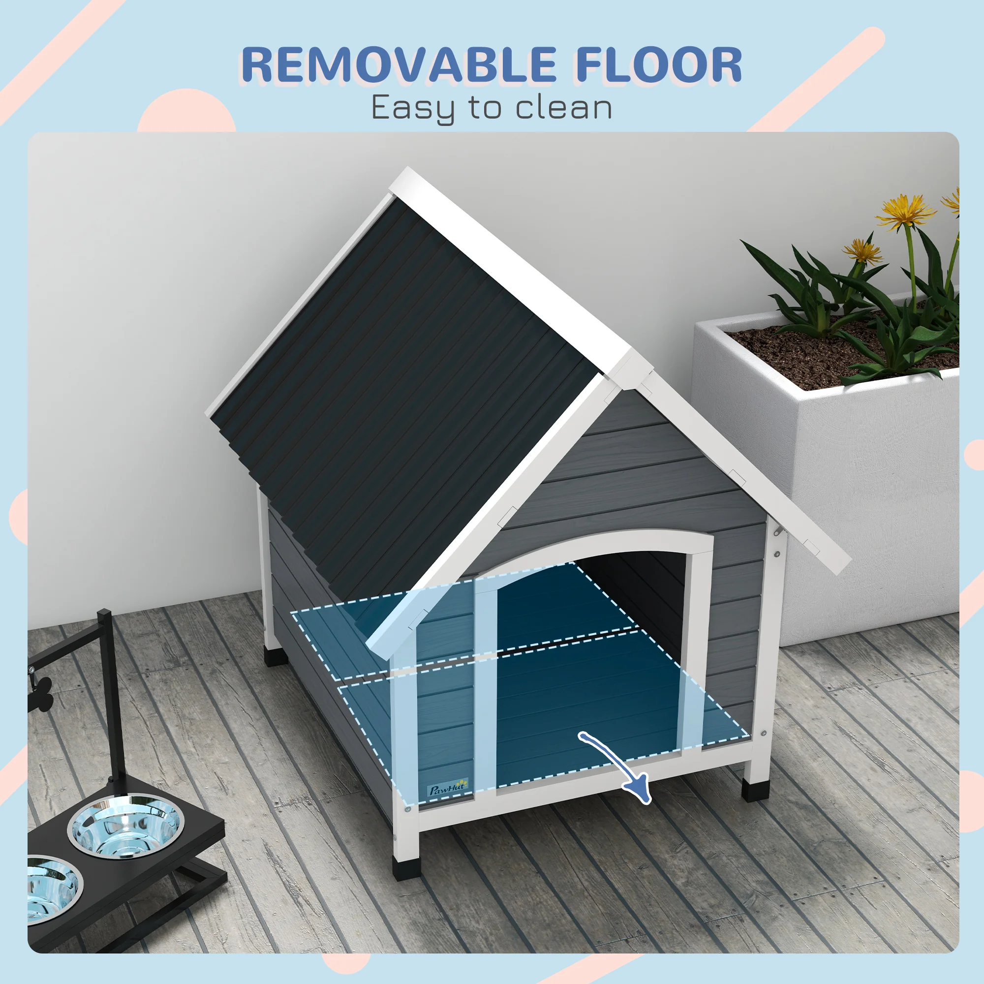 PawHut Dog Kennel Outdoor Dog House w/ Removable Floor, for Medium Dogs - Grey - Image 4