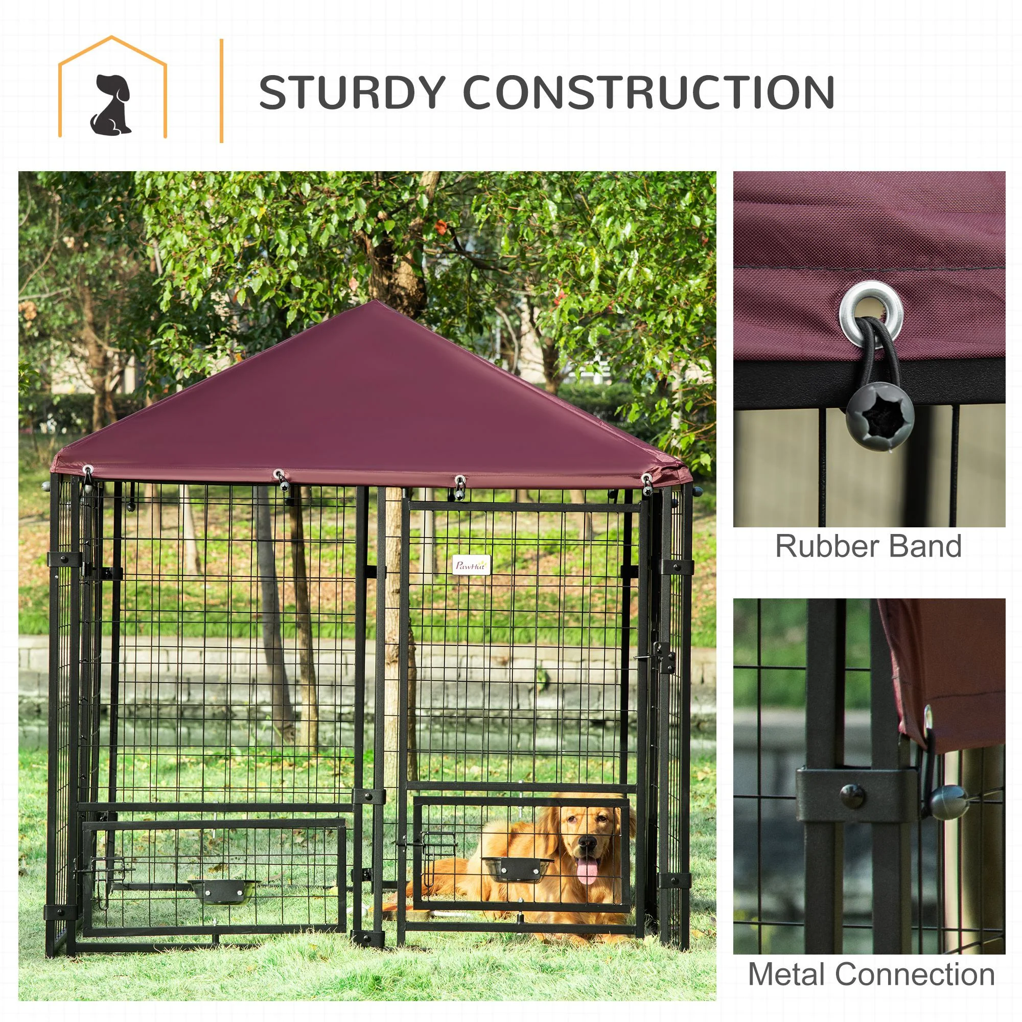 PawHut Dog Kennel with Rotating Bowl Holders, Cover, Outdoor Dog Run - Image 6
