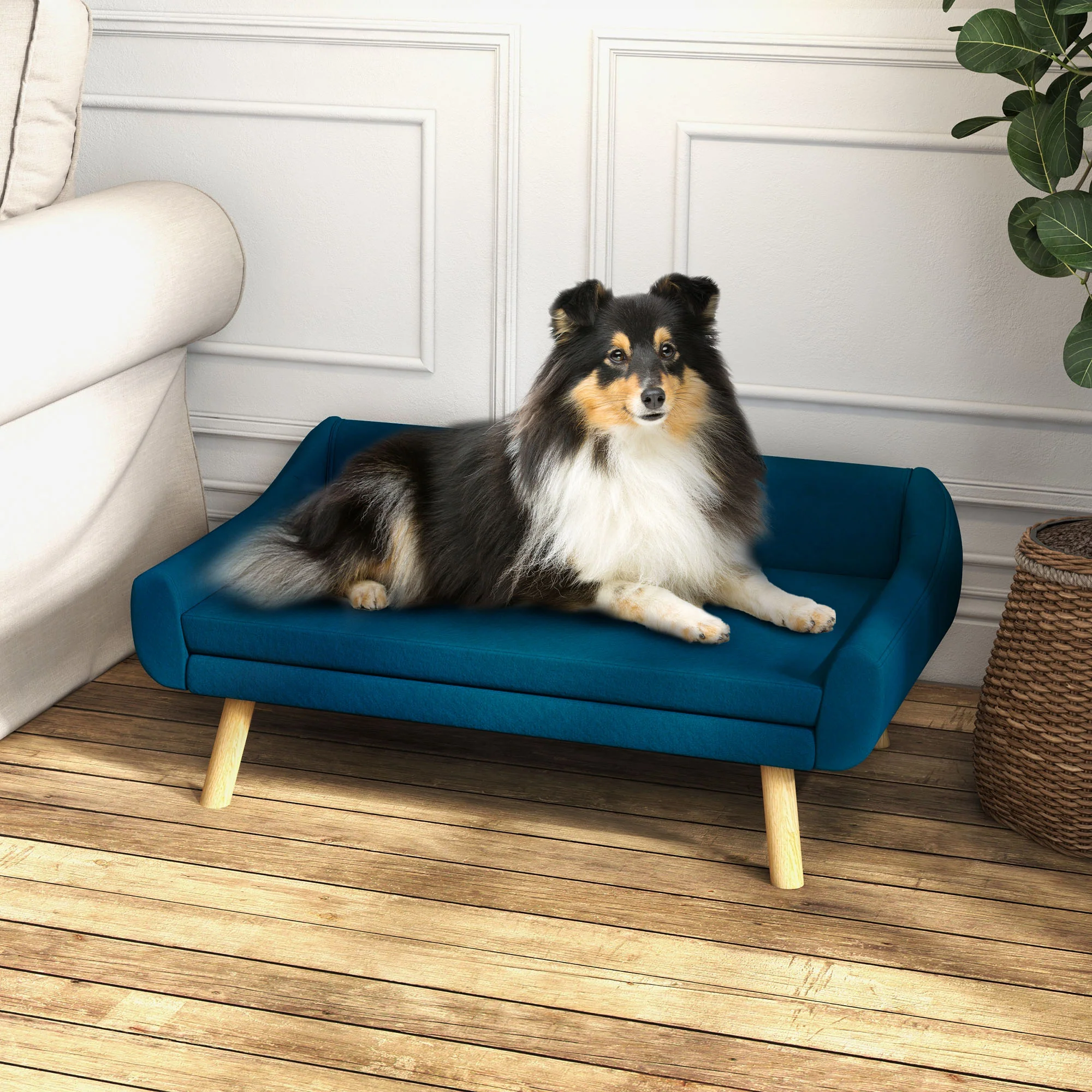 PawHut Dog Sofa Bed Raised Couch with Wooden Frame and Soft Cushion, Blue - Image 2