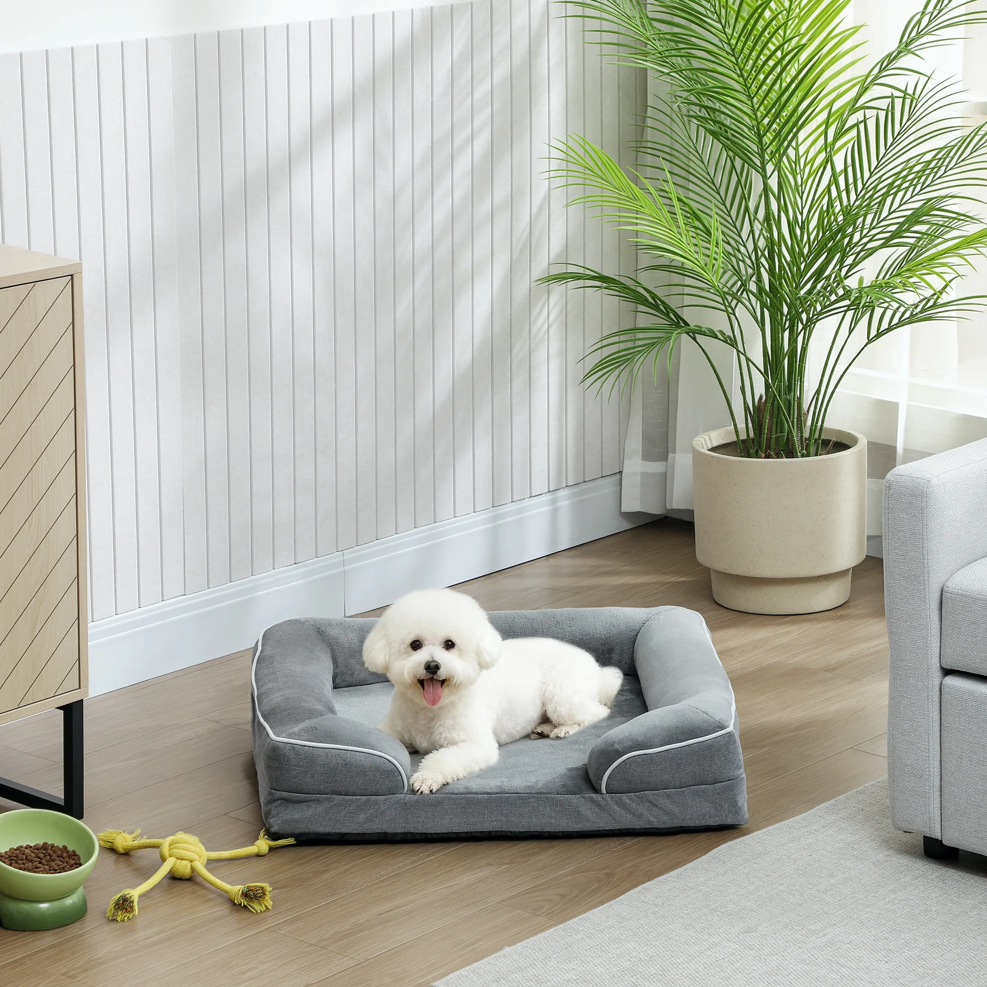 PawHut Dog Sofa Bed, Washable Pet Bed With Non-Slip Bottom, Grey - Image 2