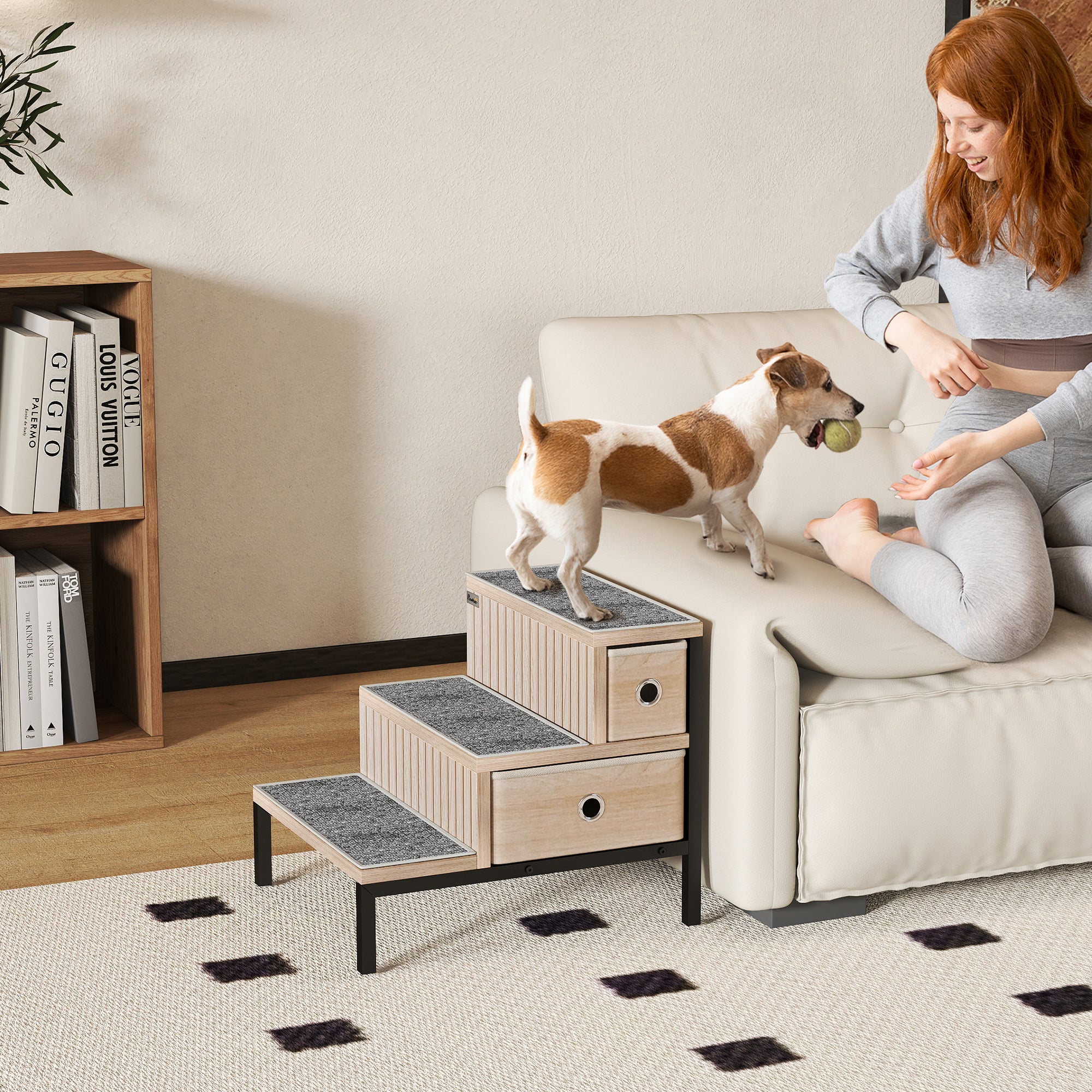 PawHut Dog Stairs With Storage, Dog Steps For Older Cats & Small Dogs, Oak - Image 2