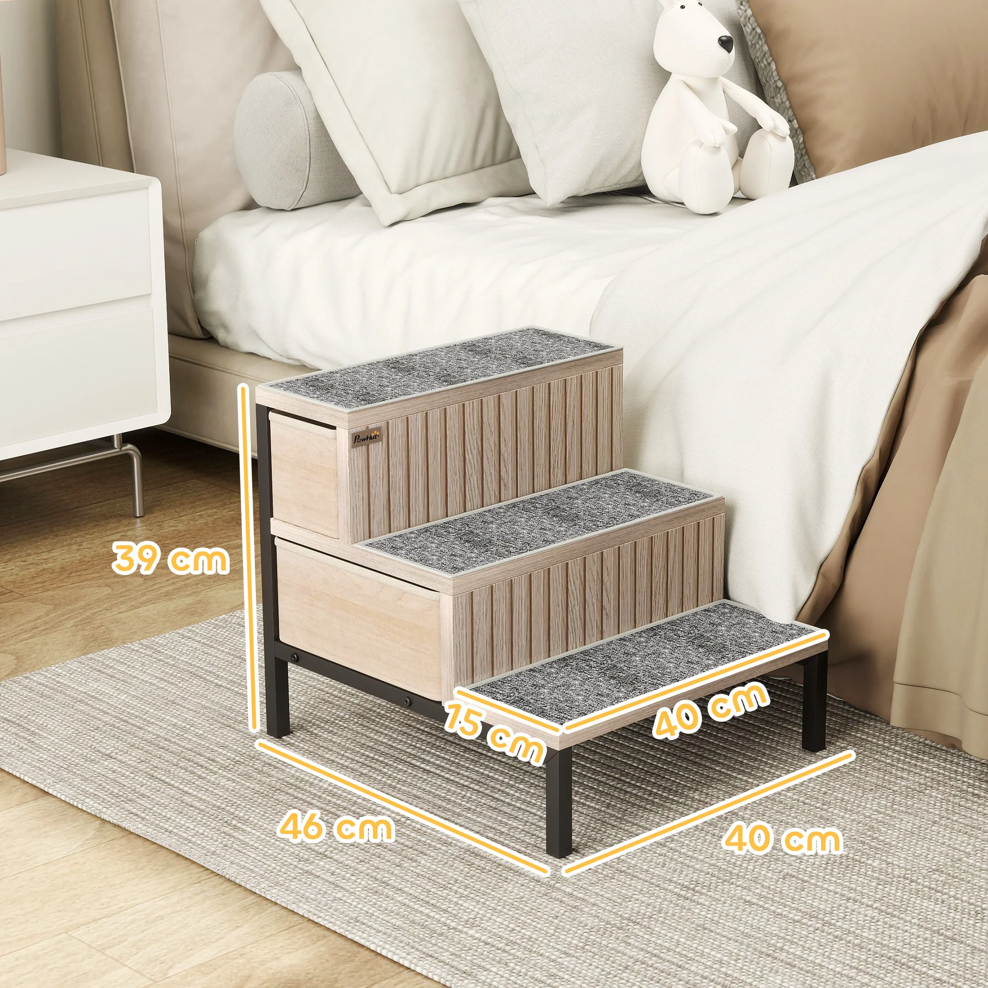 PawHut Dog Stairs With Storage, Dog Steps For Older Cats & Small Dogs, Oak - Image 5