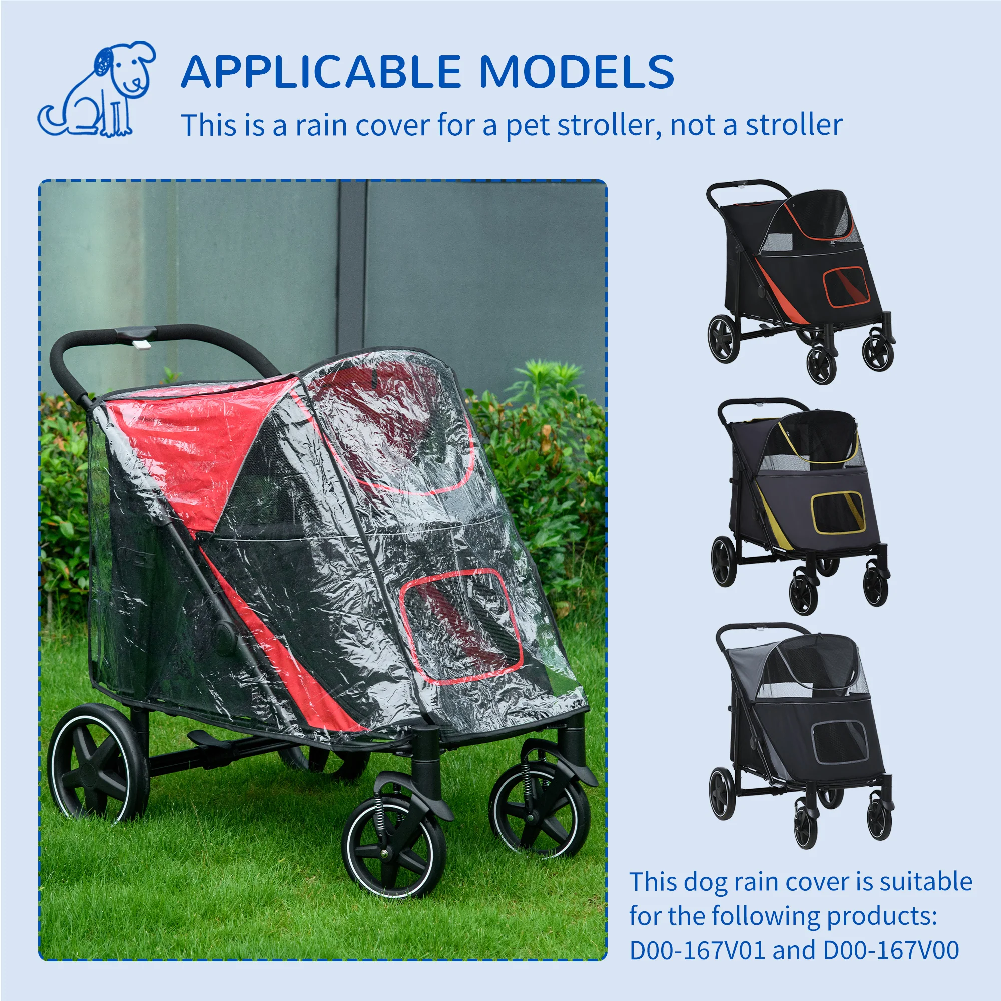 PawHut Dog Stroller Rain Cover, Cover For Dog Pram Buggy For, Large, Medium Dogs - Image 3
