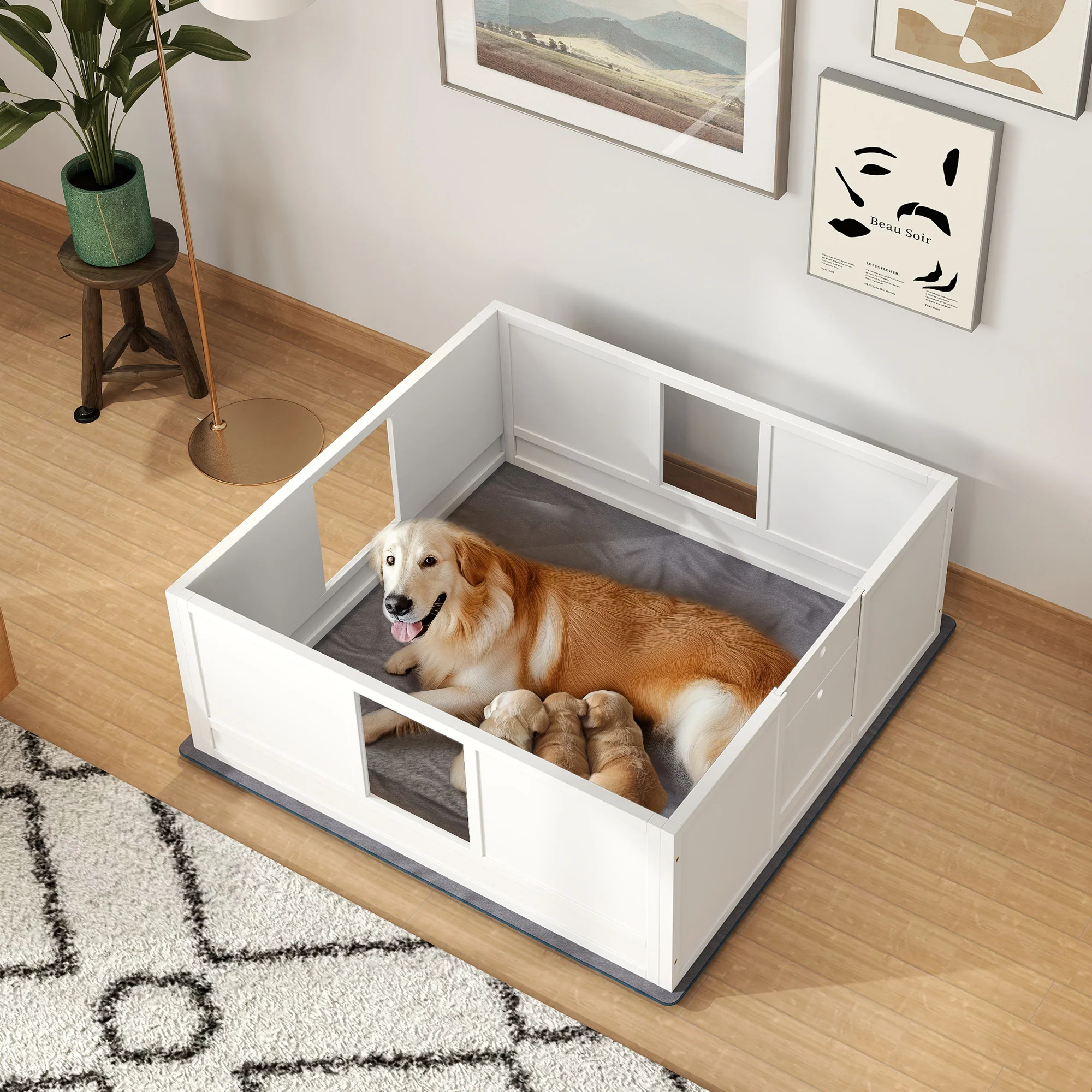 PawHut Dog Whelping Box with Whelping Pad, Adjustable Entrance - White - Image 11