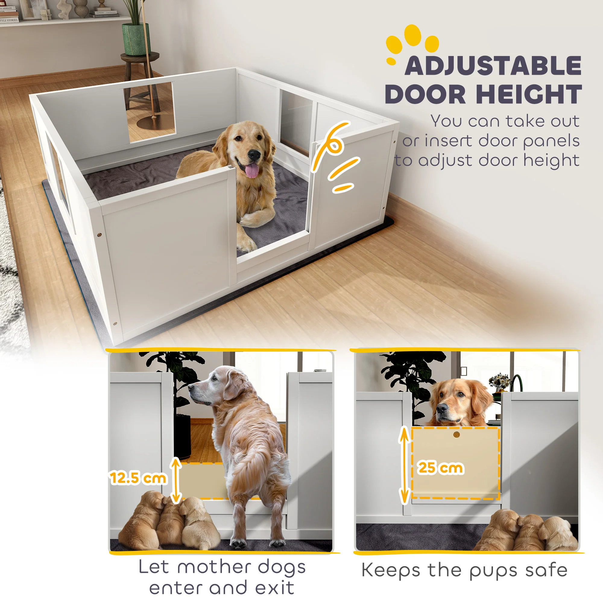 PawHut Dog Whelping Box with Whelping Pad, Adjustable Entrance - White - Image 13