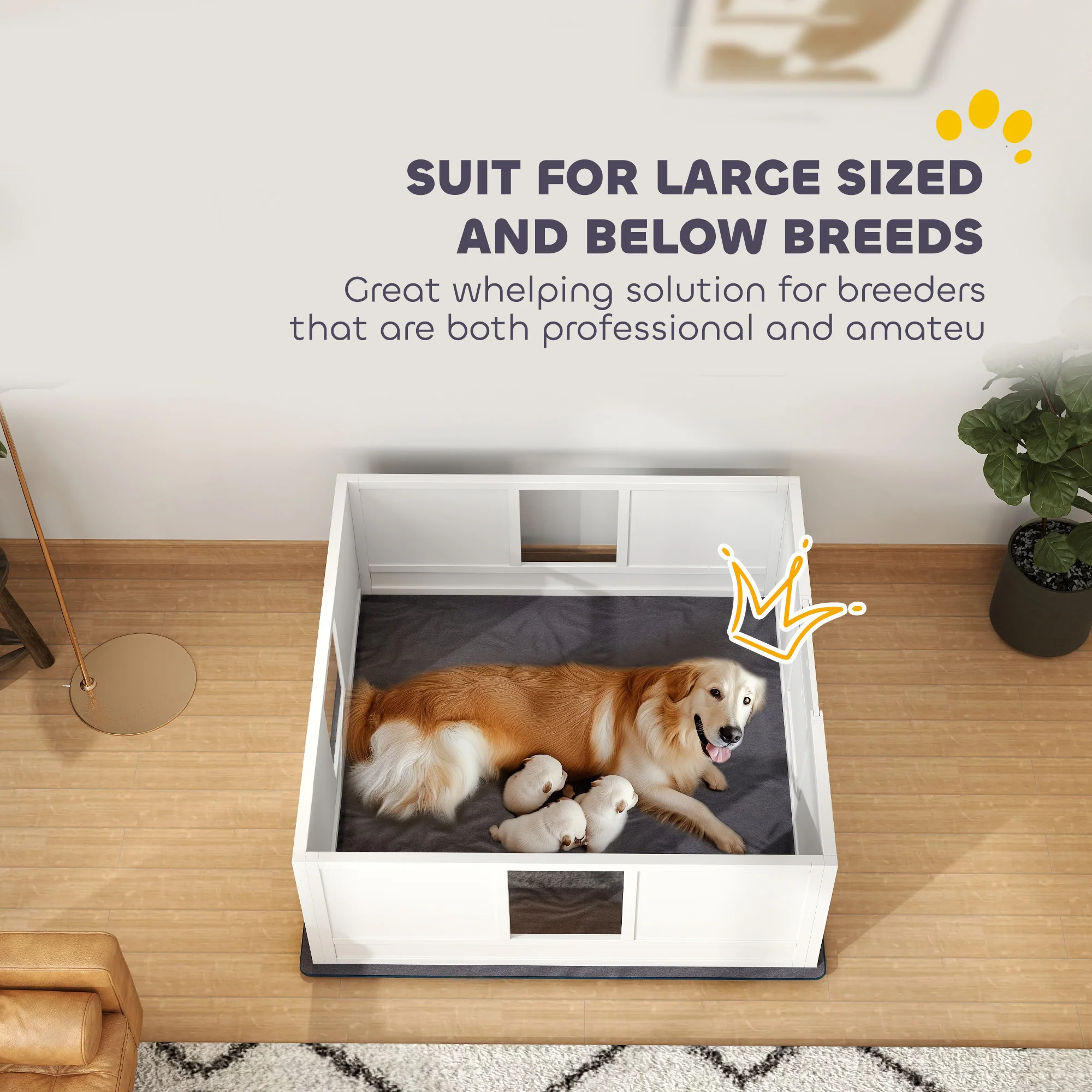 PawHut Dog Whelping Box with Whelping Pad, Adjustable Entrance - White - Image 17