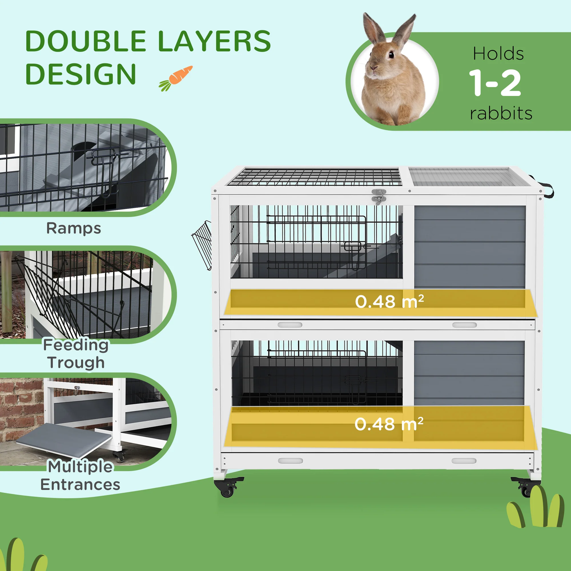 PawHut Double Deckers Indoor Rabbit Hutch W/ Feeding Trough, Slide-Out Trays - Image 3