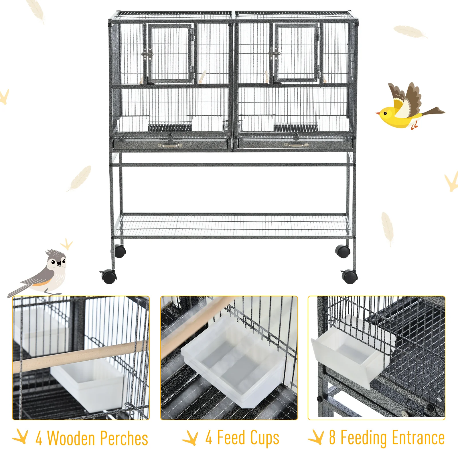PawHut Double Rolling Bird Cage With Removable Metal Tray And Storage Shelf - Image 3