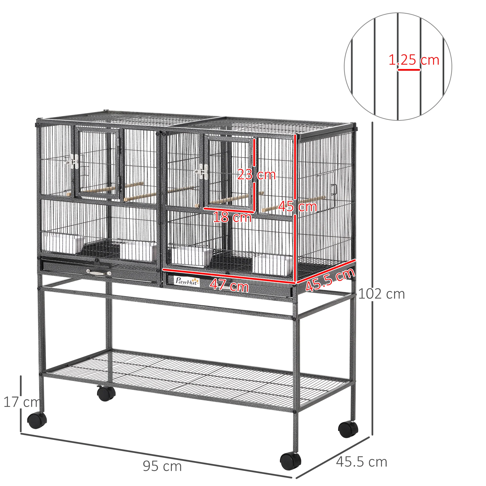 PawHut Double Rolling Bird Cage With Removable Metal Tray And Storage Shelf - Image 5
