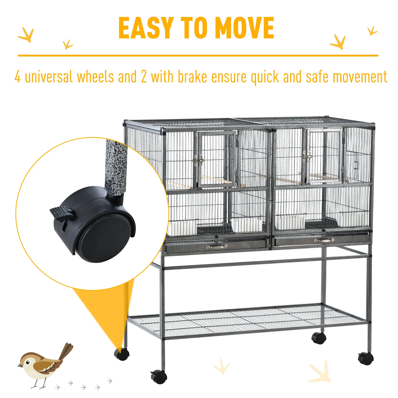 PawHut Double Rolling Bird Cage With Removable Metal Tray And Storage Shelf - Image 6