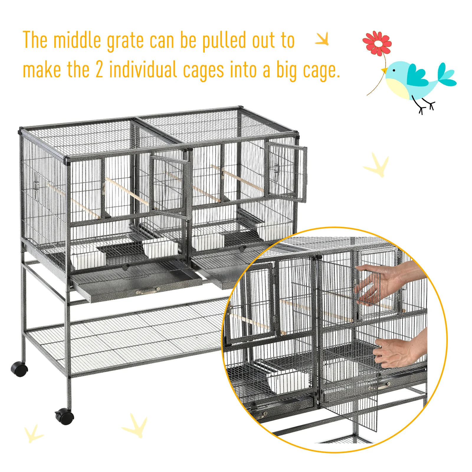 PawHut Double Rolling Bird Cage With Removable Metal Tray And Storage Shelf - Image 7