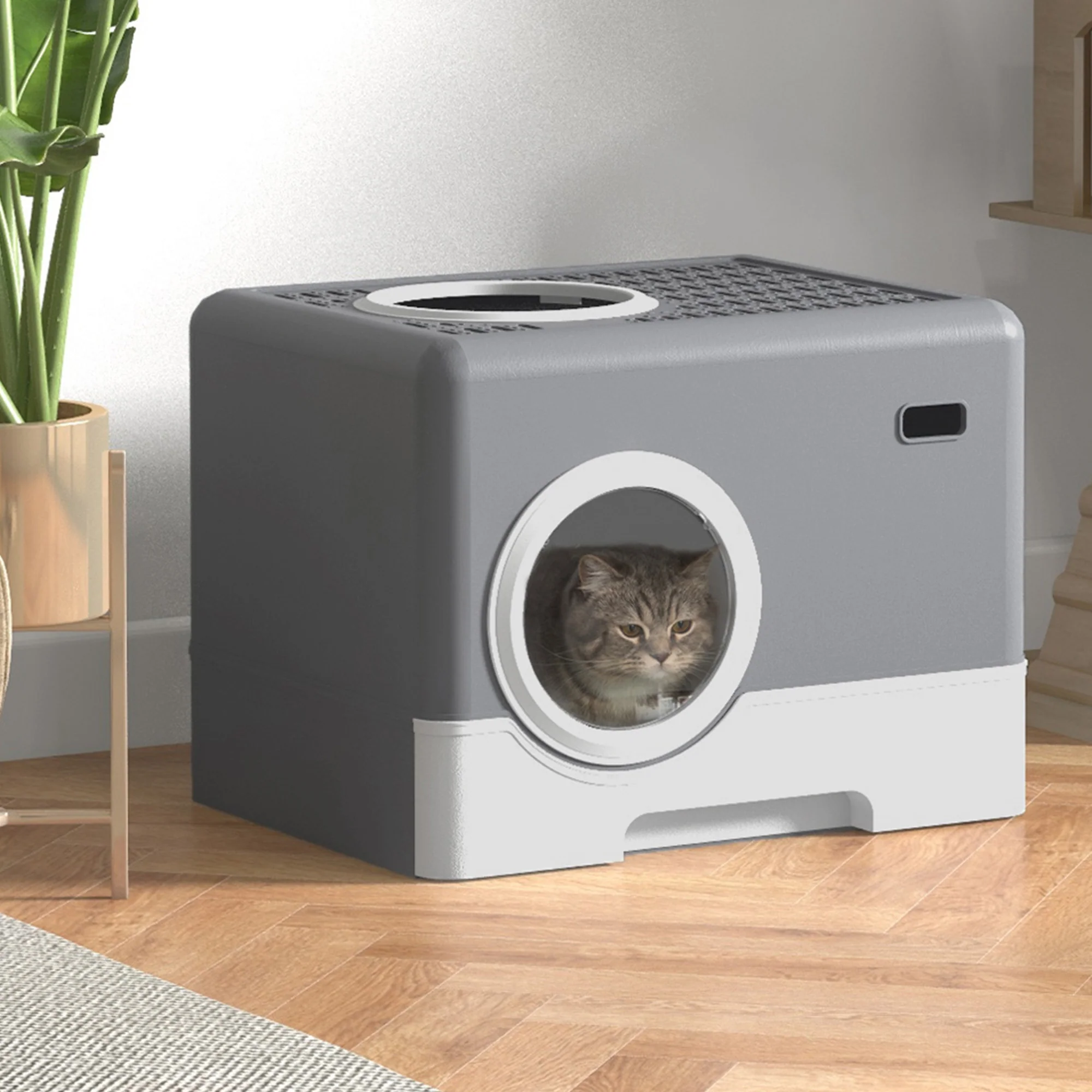 PawHut Enclosed Cat Litter Tray With Lid, Front Entry, Top Exit, Scoop - Image 11