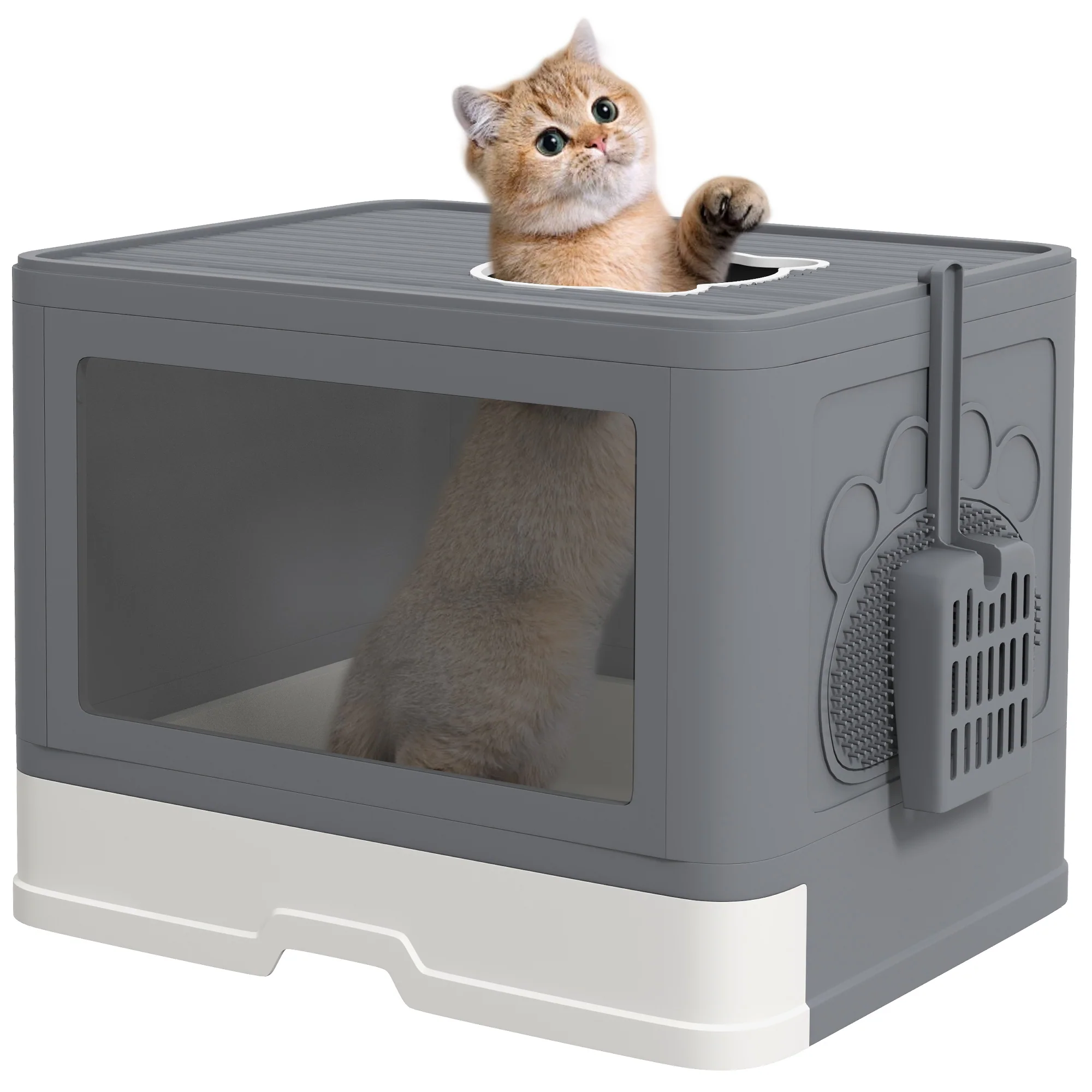 PawHut Enclosed Cat Litter Tray with Lid, Front Entry, Top Exit, Scoop, Brush