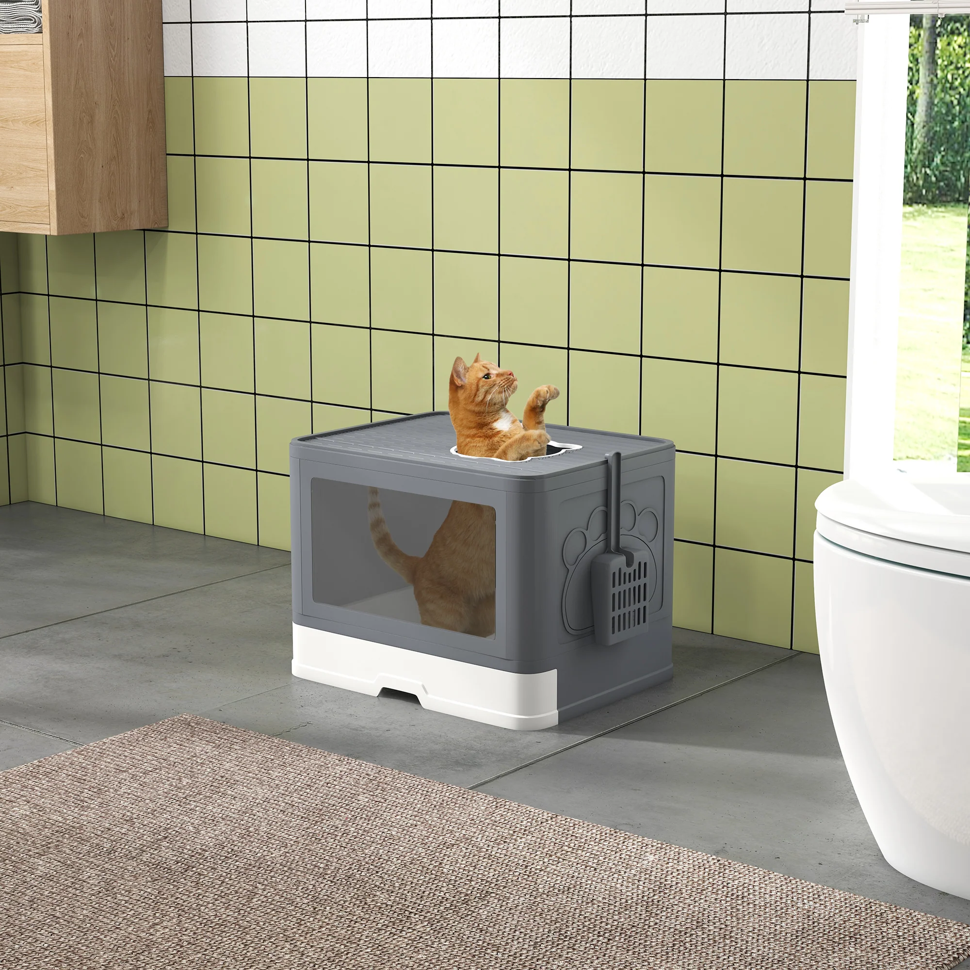 PawHut Enclosed Cat Litter Tray with Lid, Front Entry, Top Exit, Scoop, Brush - Image 2