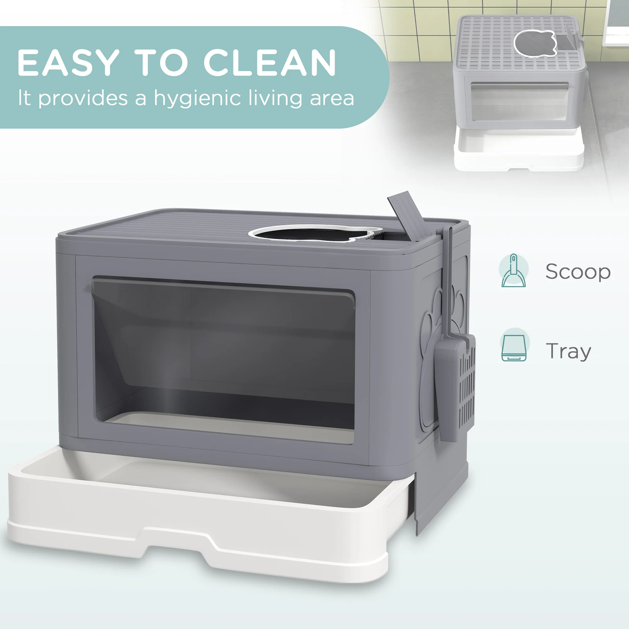 PawHut Enclosed Cat Litter Tray with Lid, Front Entry, Top Exit, Scoop, Brush - Image 3