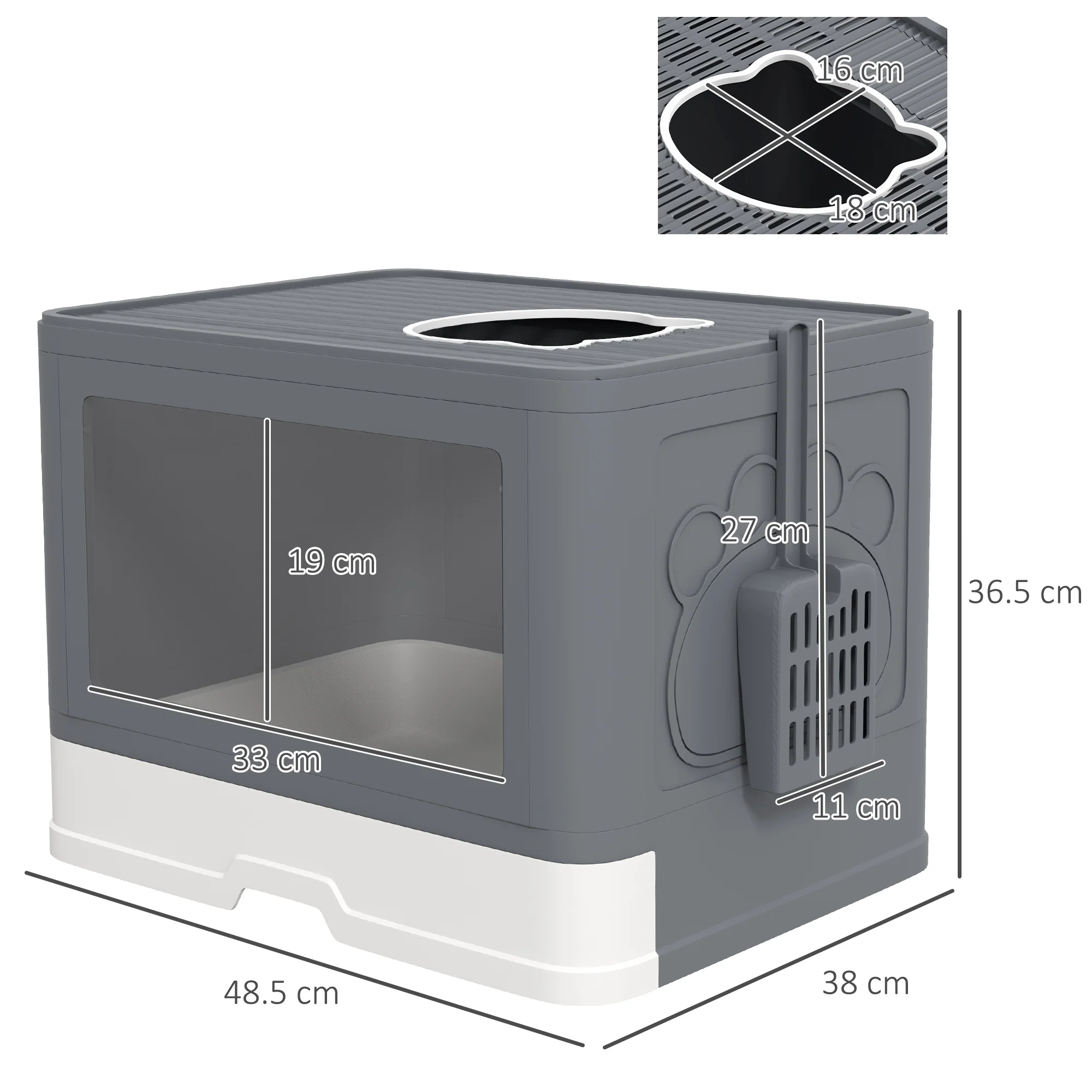 PawHut Enclosed Cat Litter Tray with Lid, Front Entry, Top Exit, Scoop, Brush - Image 5