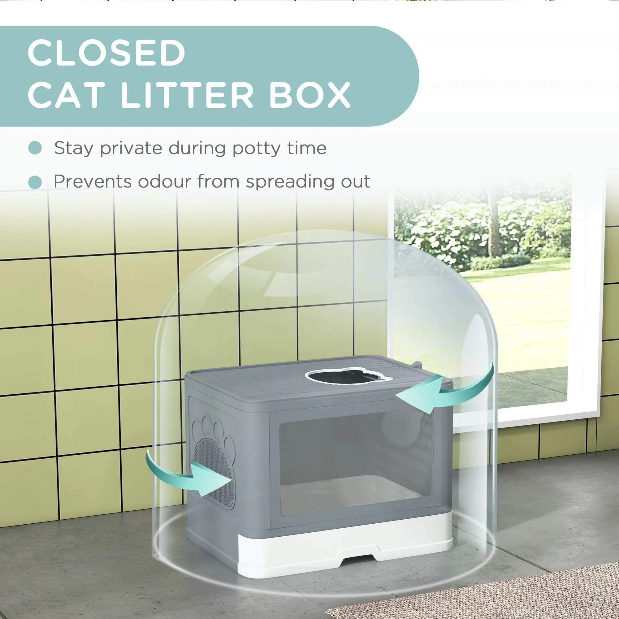 PawHut Enclosed Cat Litter Tray with Lid, Front Entry, Top Exit, Scoop, Brush - Image 8