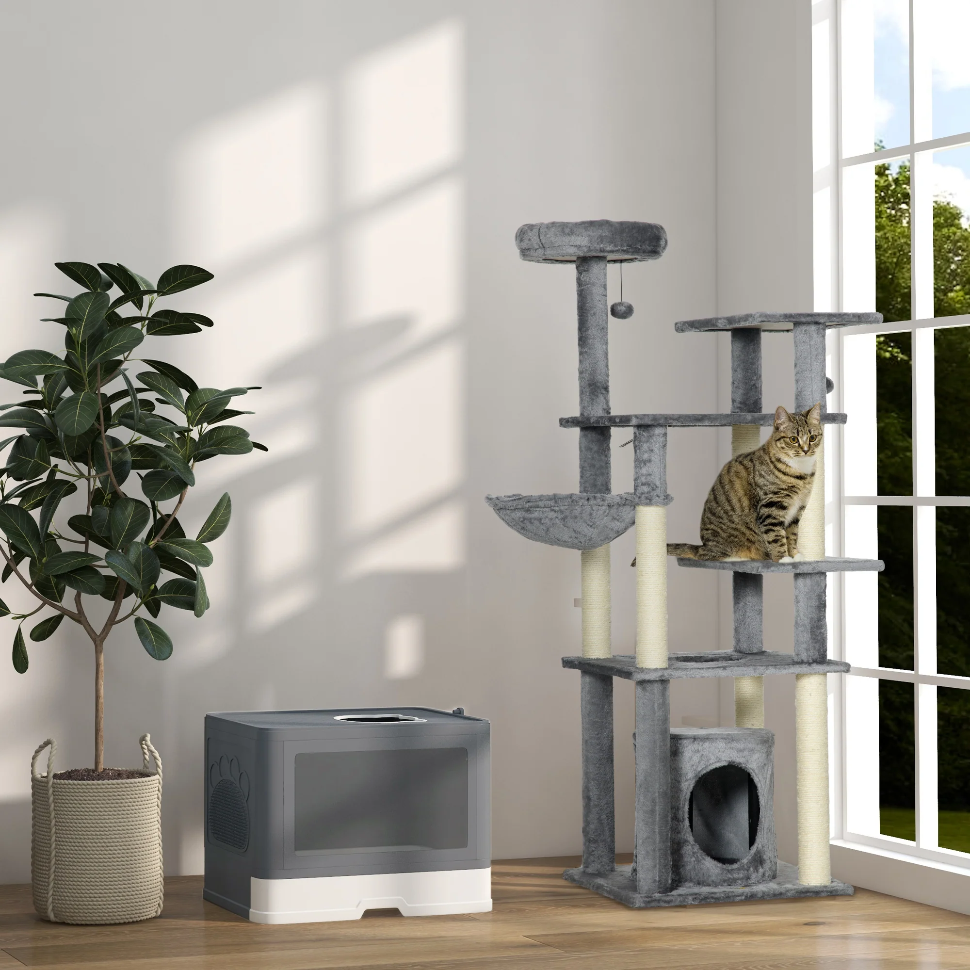 PawHut Enclosed Cat Litter Tray with Lid, Front Entry, Top Exit, Scoop, Brush - Image 9